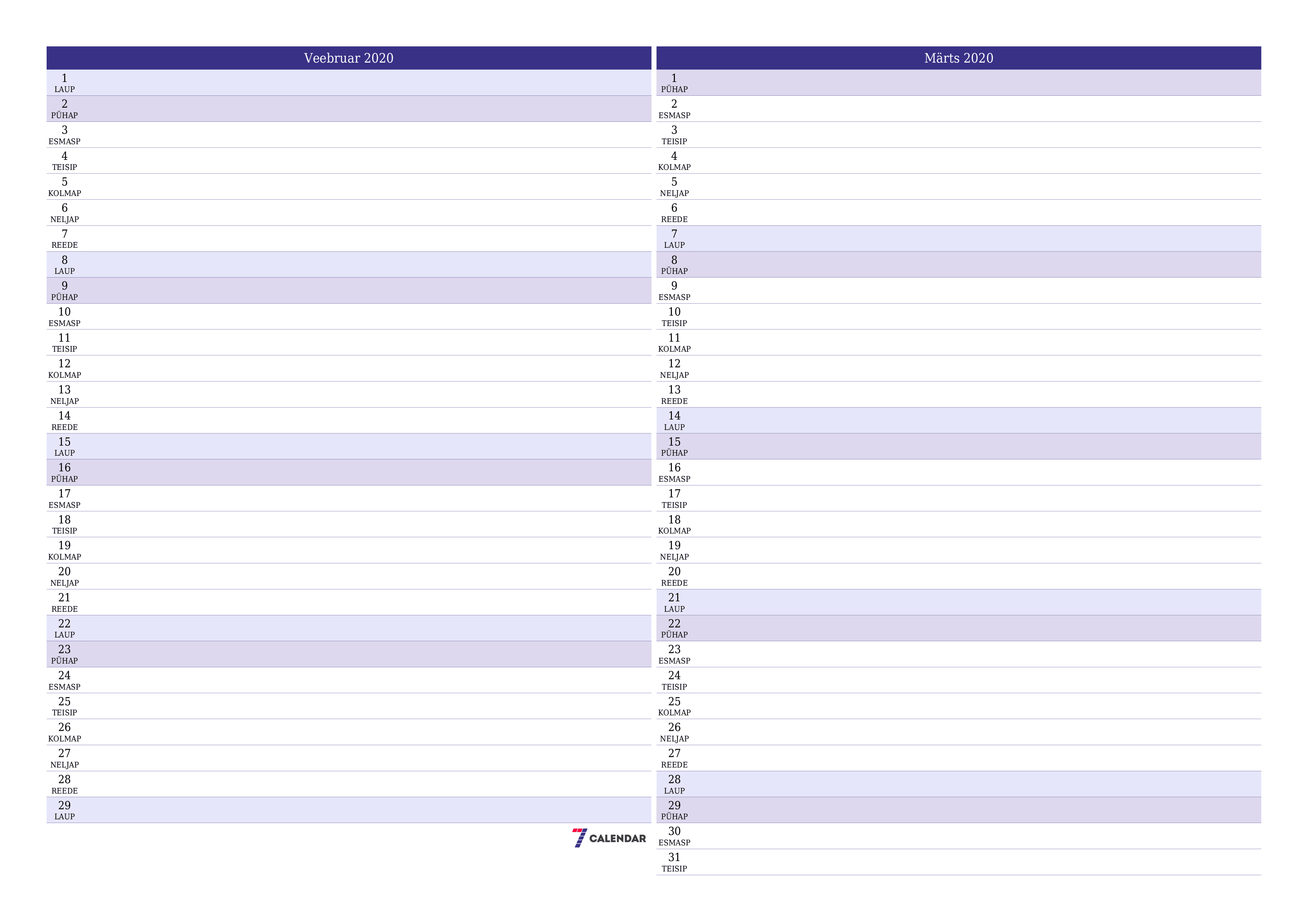 Tühjendage kuu Veebruar 2020 kuuplaneerija märkmetega, salvestage ja printige PDF-i PNG Estonian