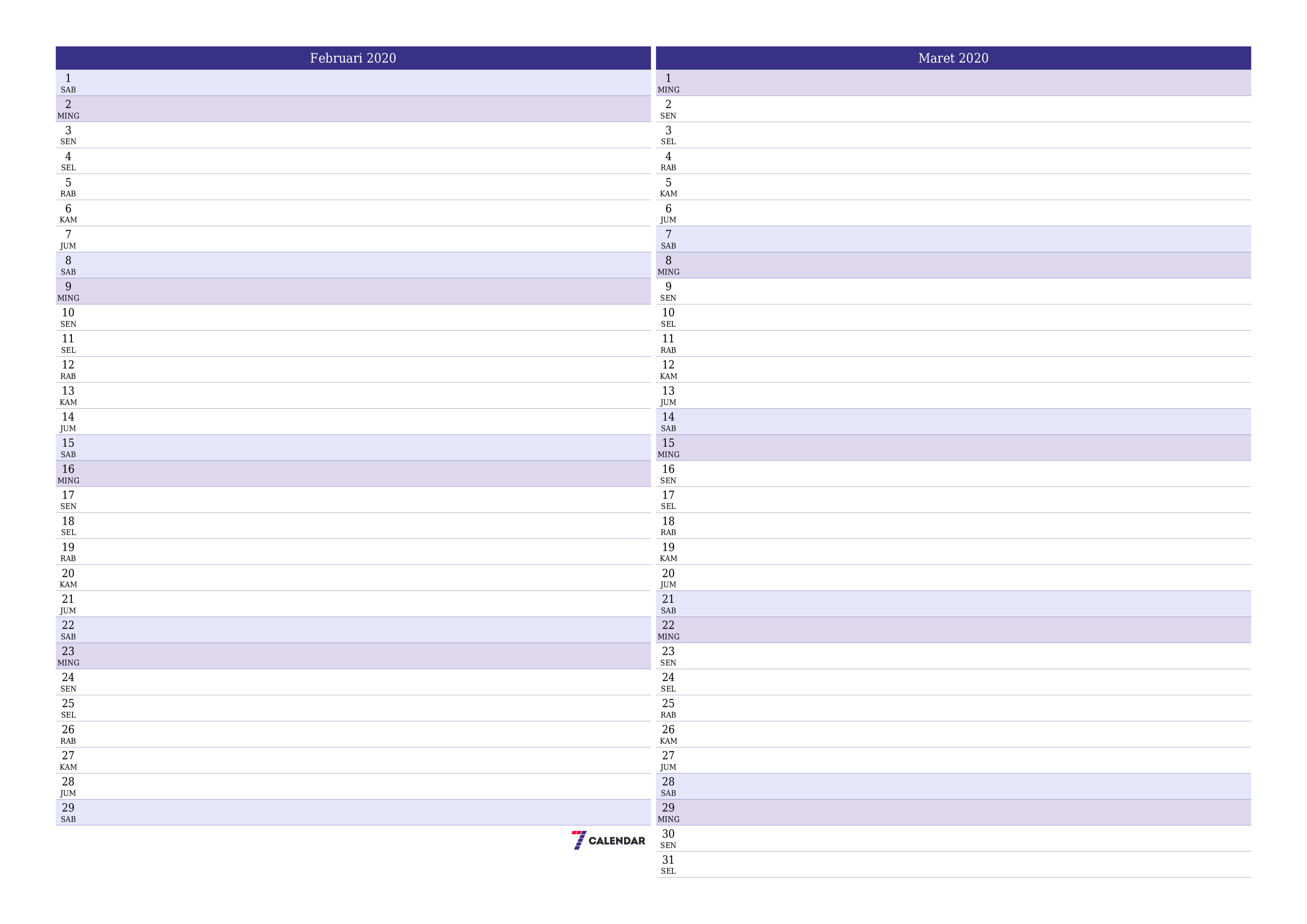 Kosongkan agenda bulanan untuk bulan Februari 2020 dengan catatan, simpan dan cetak ke PDF PNG Indonesian