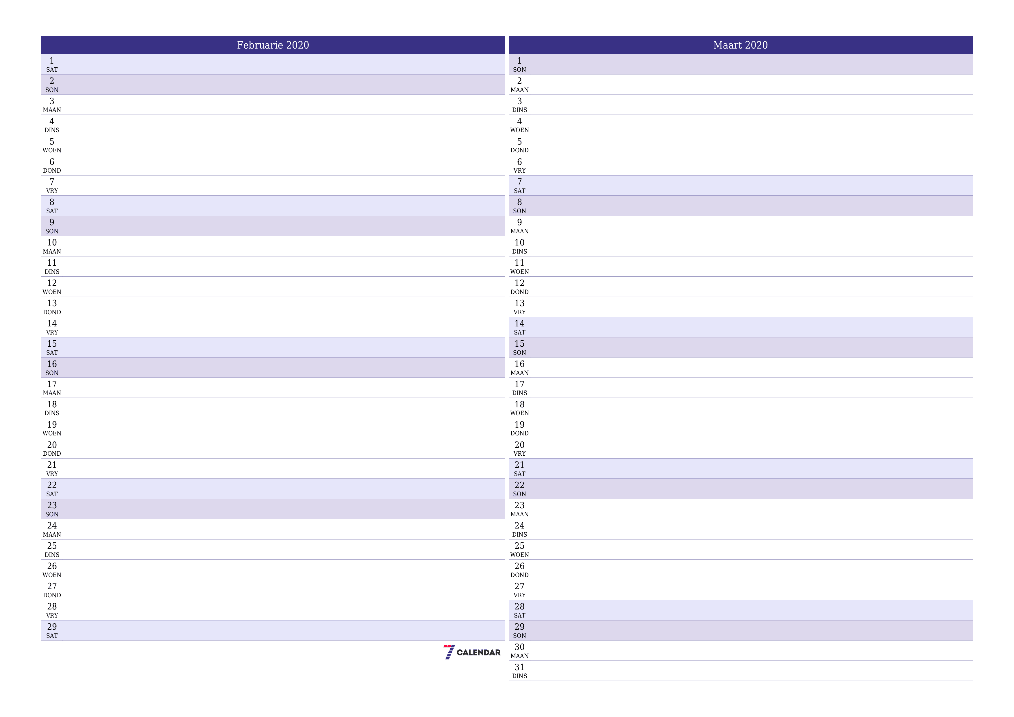 Leë maandelikse drukbare kalender en beplanner vir maand Februarie 2020 met notas stoor en druk na PDF PNG Afrikaans