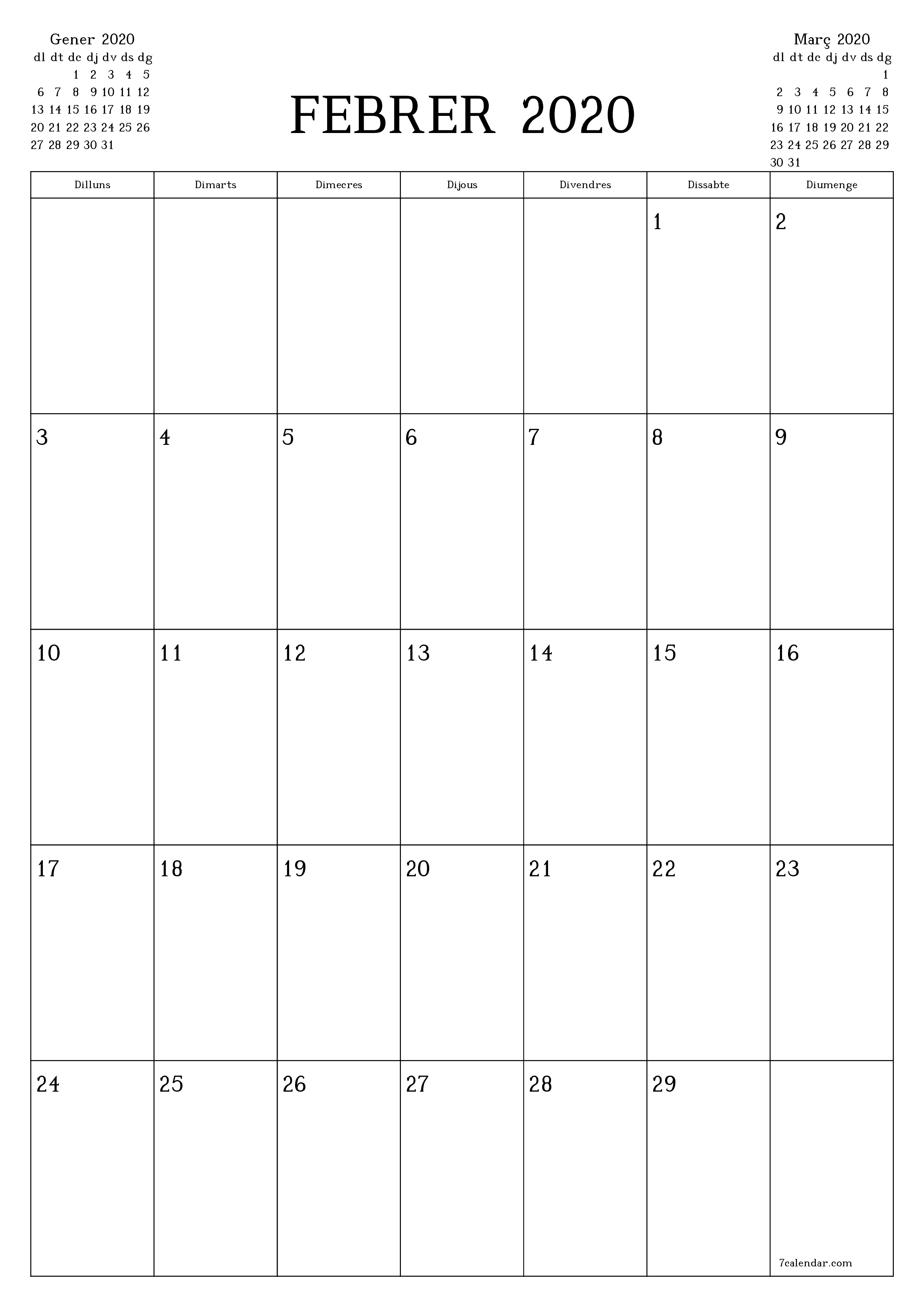 Planificador mensual buit del mes Febrer 2020 amb notes, deseu-lo i imprimiu-lo en format PDF PNG Catalan