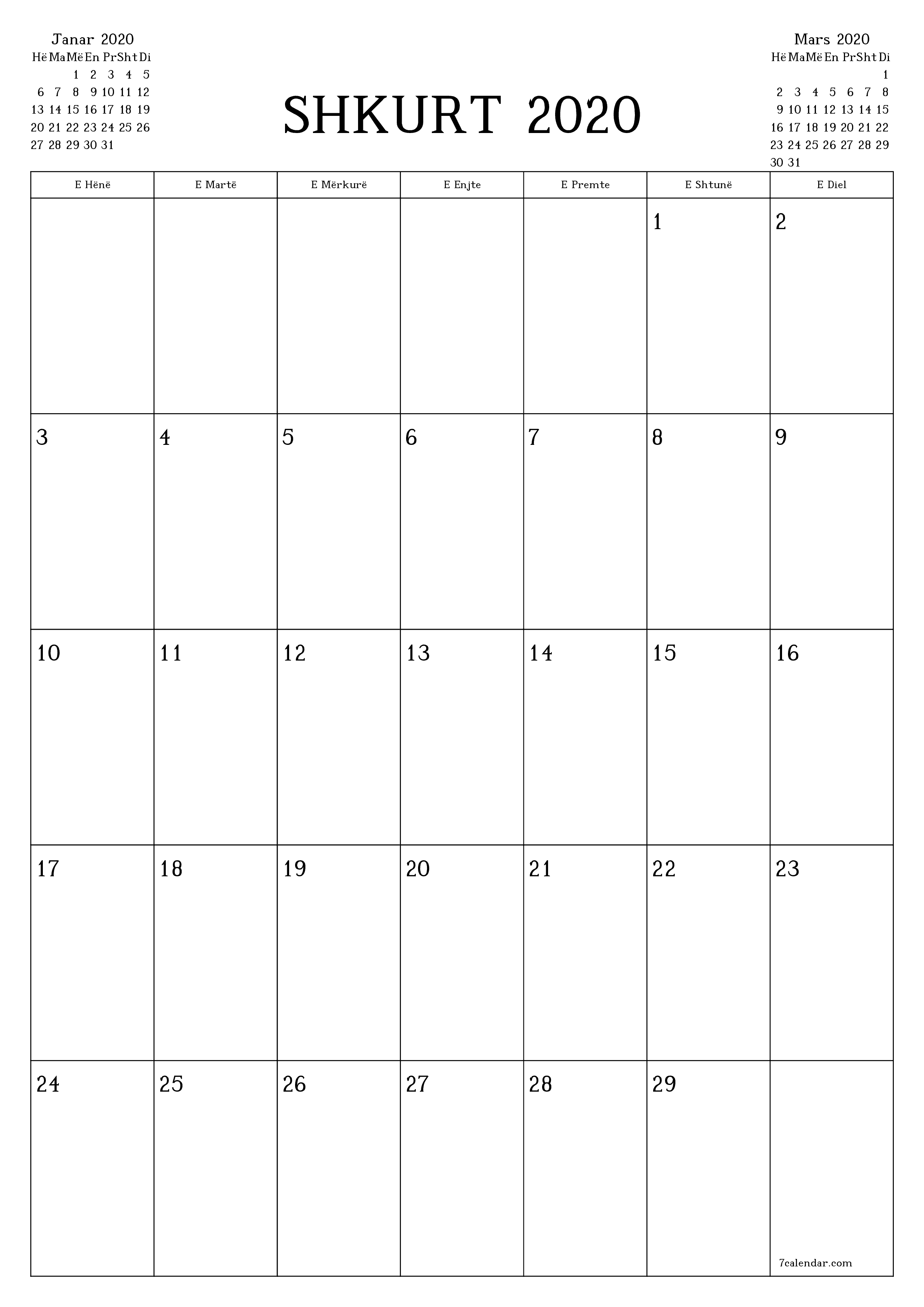  i printueshëm muri shabllon falasvertikale mujore planifikues kalendar Shkurt (Shk) 2020