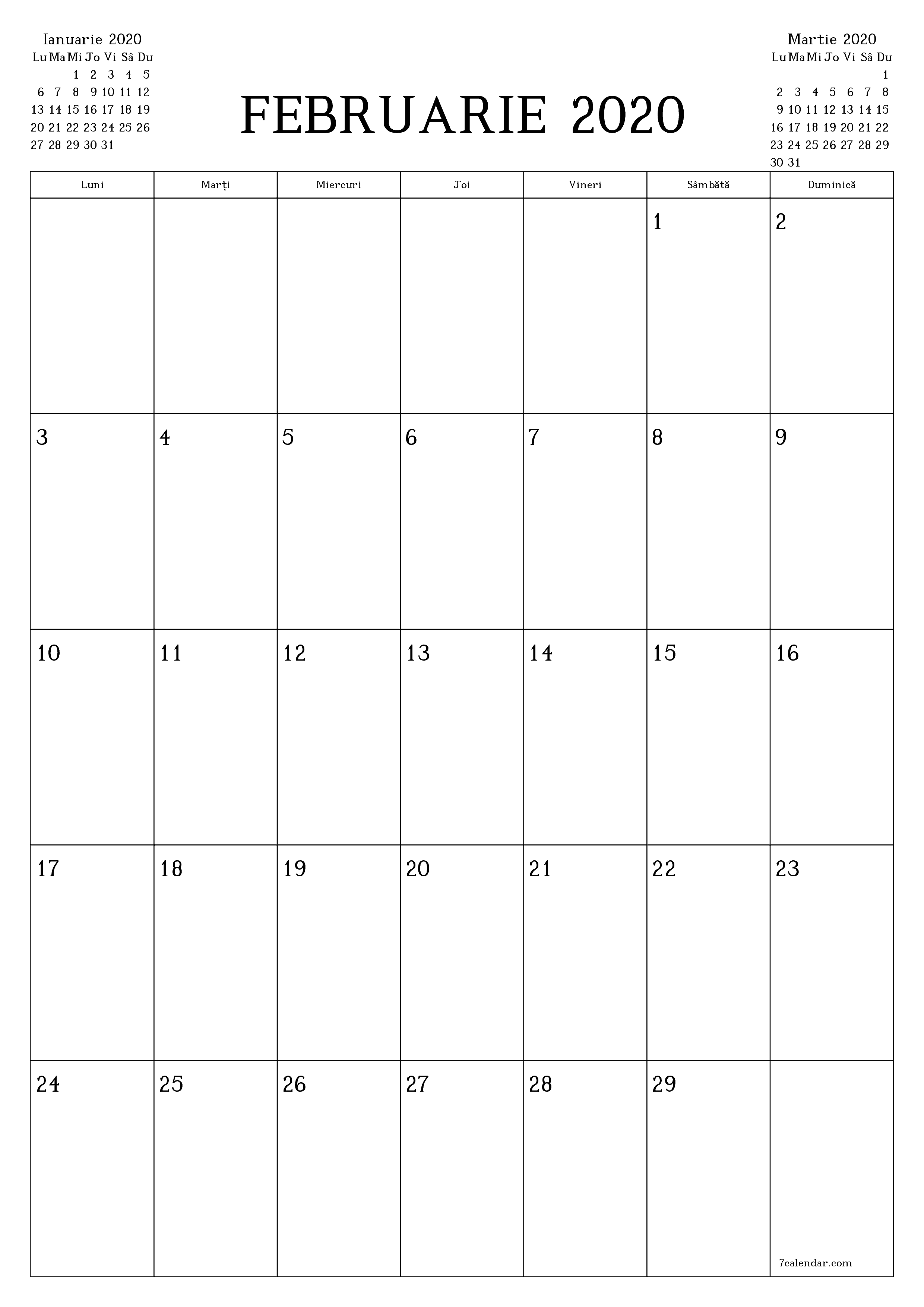  imprimabil de perete șablon de gratuitvertical Lunar planificator calendar Februarie (Feb) 2020