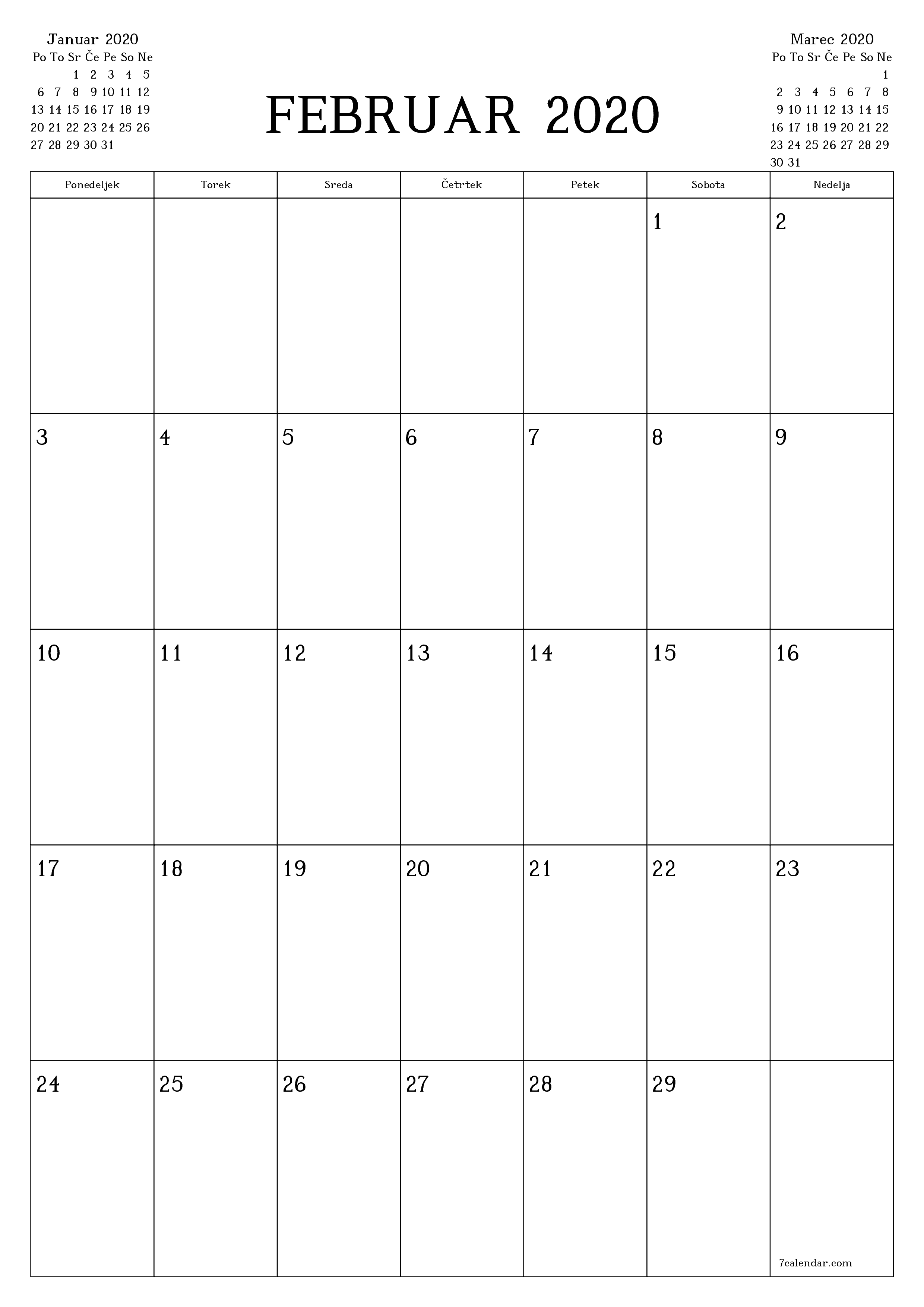 Prazen mesečni načrtovalec koledarja za mesec Februar 2020 z opombami, natisnjenimi v PDF PNG Slovenian