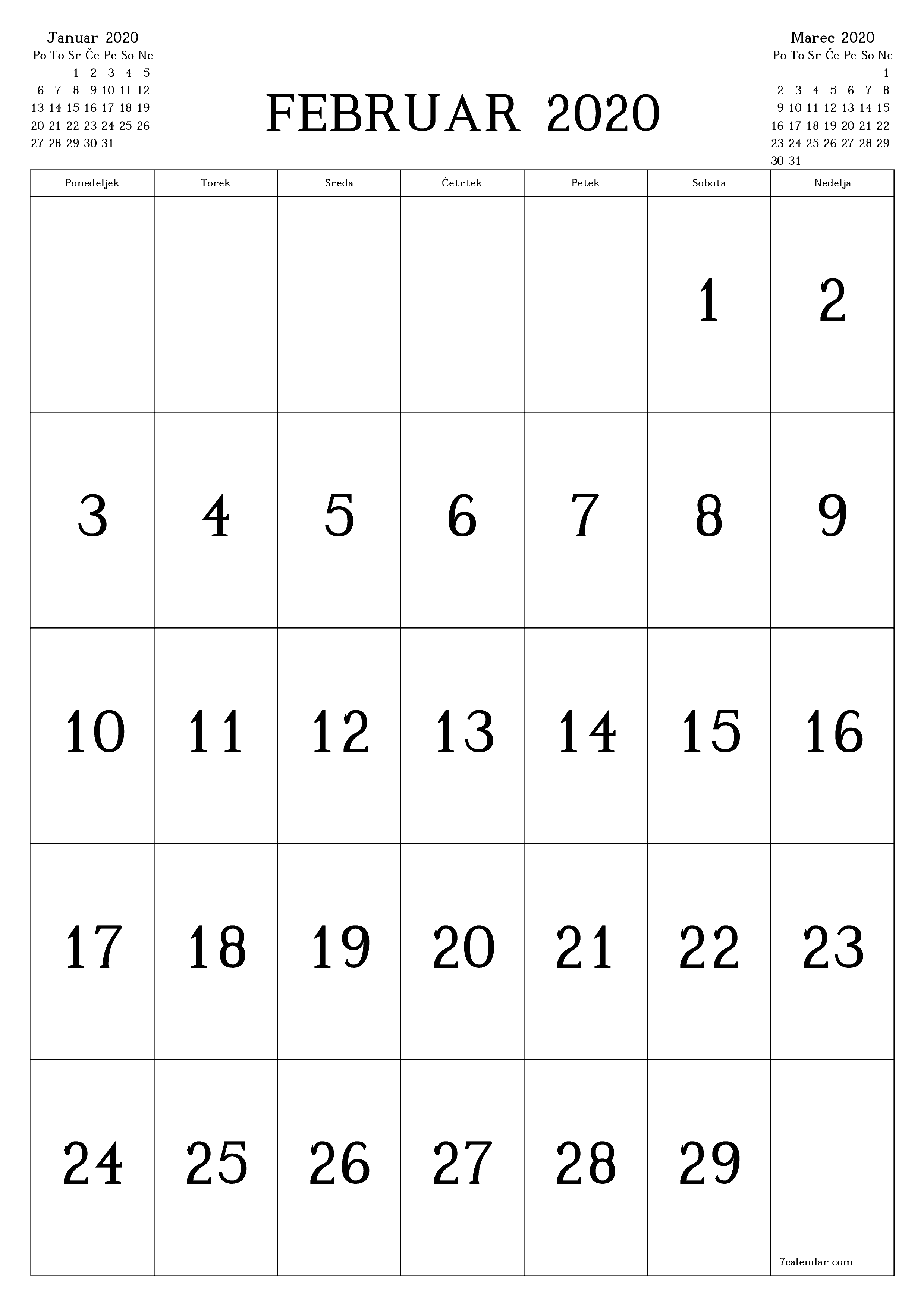 Prazen mesečni načrtovalec koledarja za mesec Februar 2020 z opombami, natisnjenimi v PDF PNG Slovenian