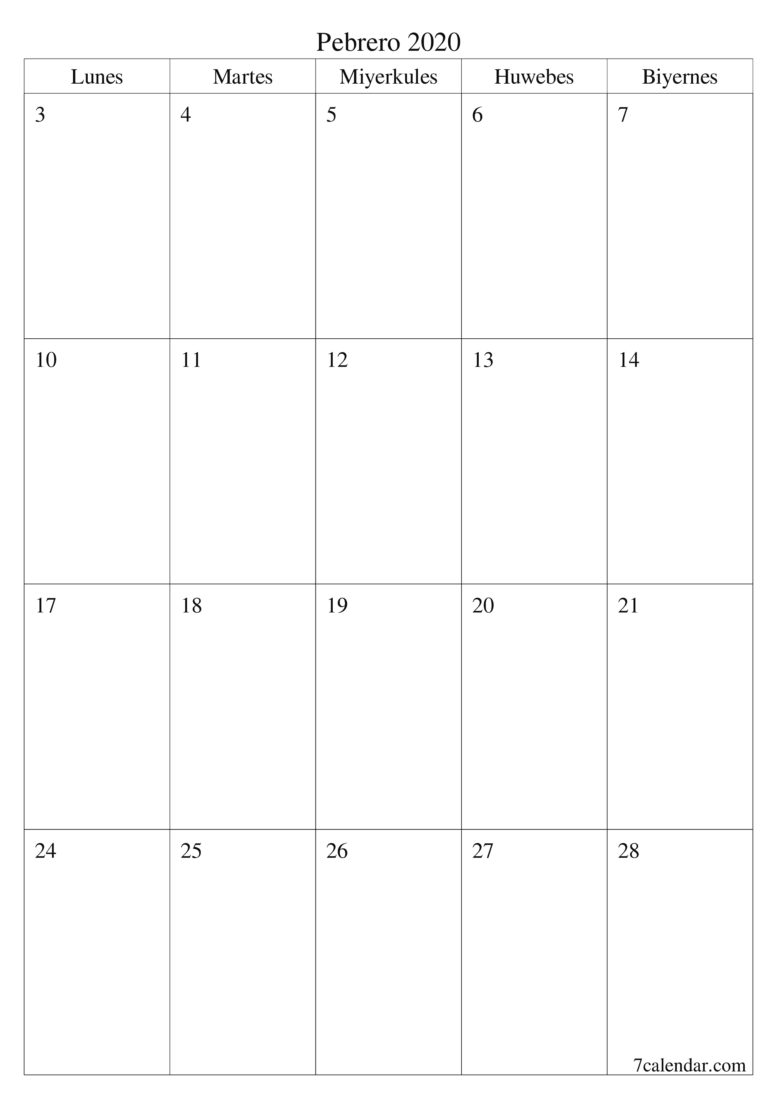 Walang laman na buwanang tagaplano para sa buwan na Pebrero 2020 na may mga tala, i-save at i-print sa PDF PNG Filipino