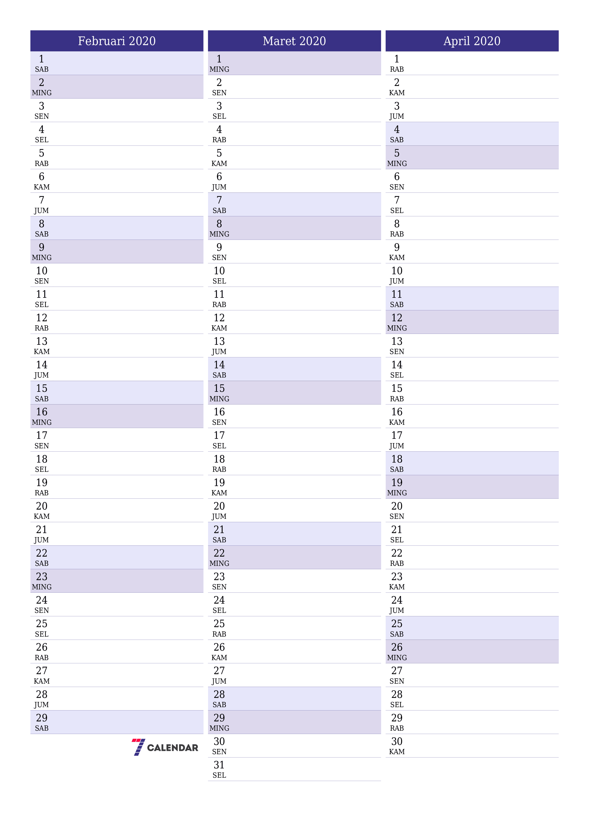 Kosongkan agenda bulanan untuk bulan Februari 2020 dengan catatan, simpan dan cetak ke PDF PNG Indonesian