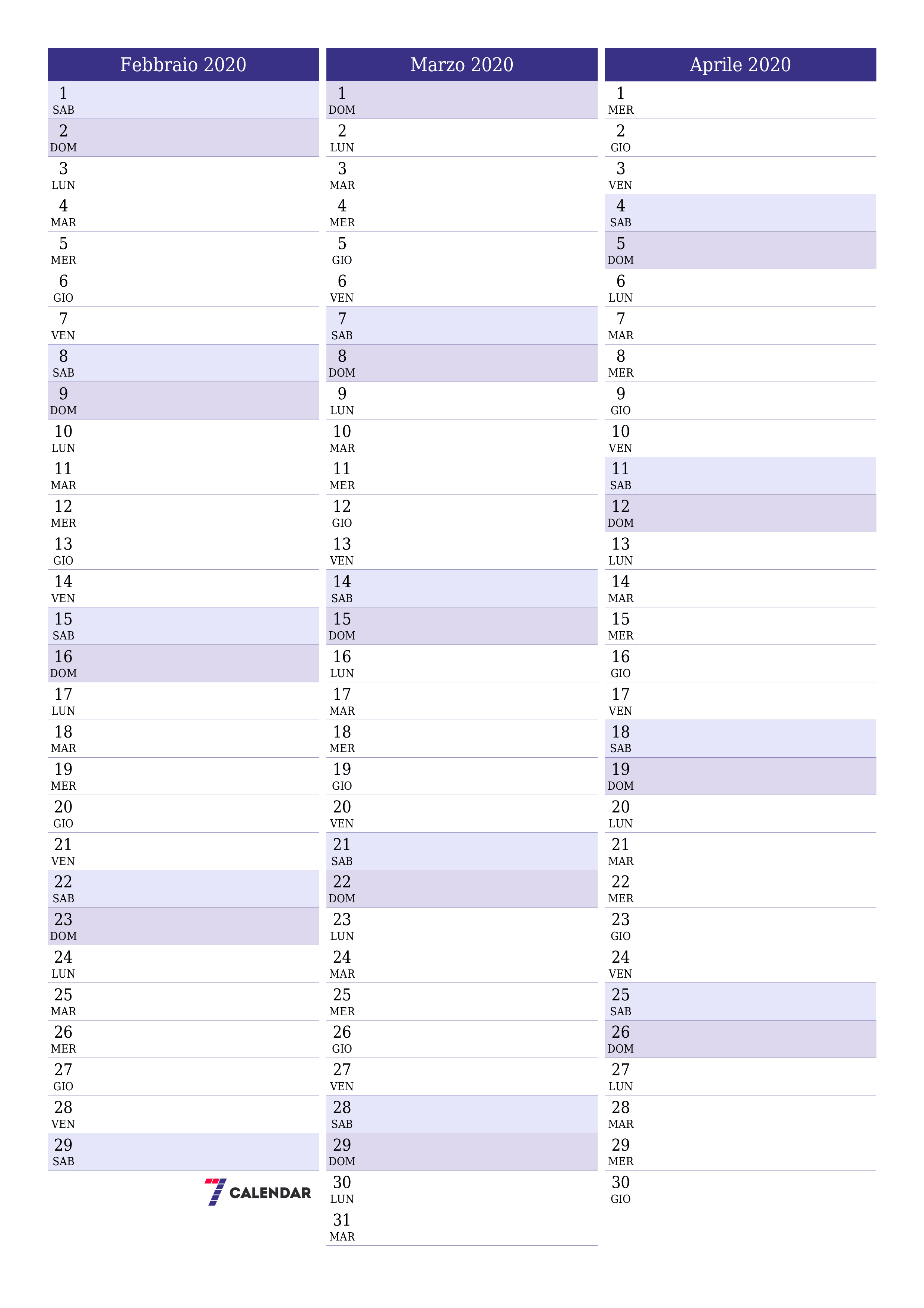  stampabile da parete modello di gratuitoverticale Mensile pianificatore calendario Febbraio (Feb) 2020