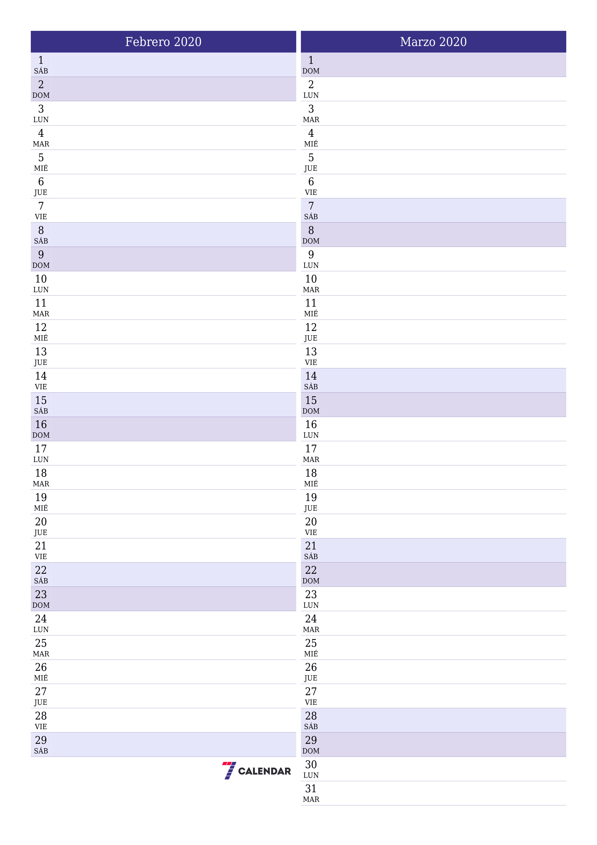 Planificador mensual vacío para el mes Febrero 2020 con notas, guardar e imprimir en PDF PNG Spanish