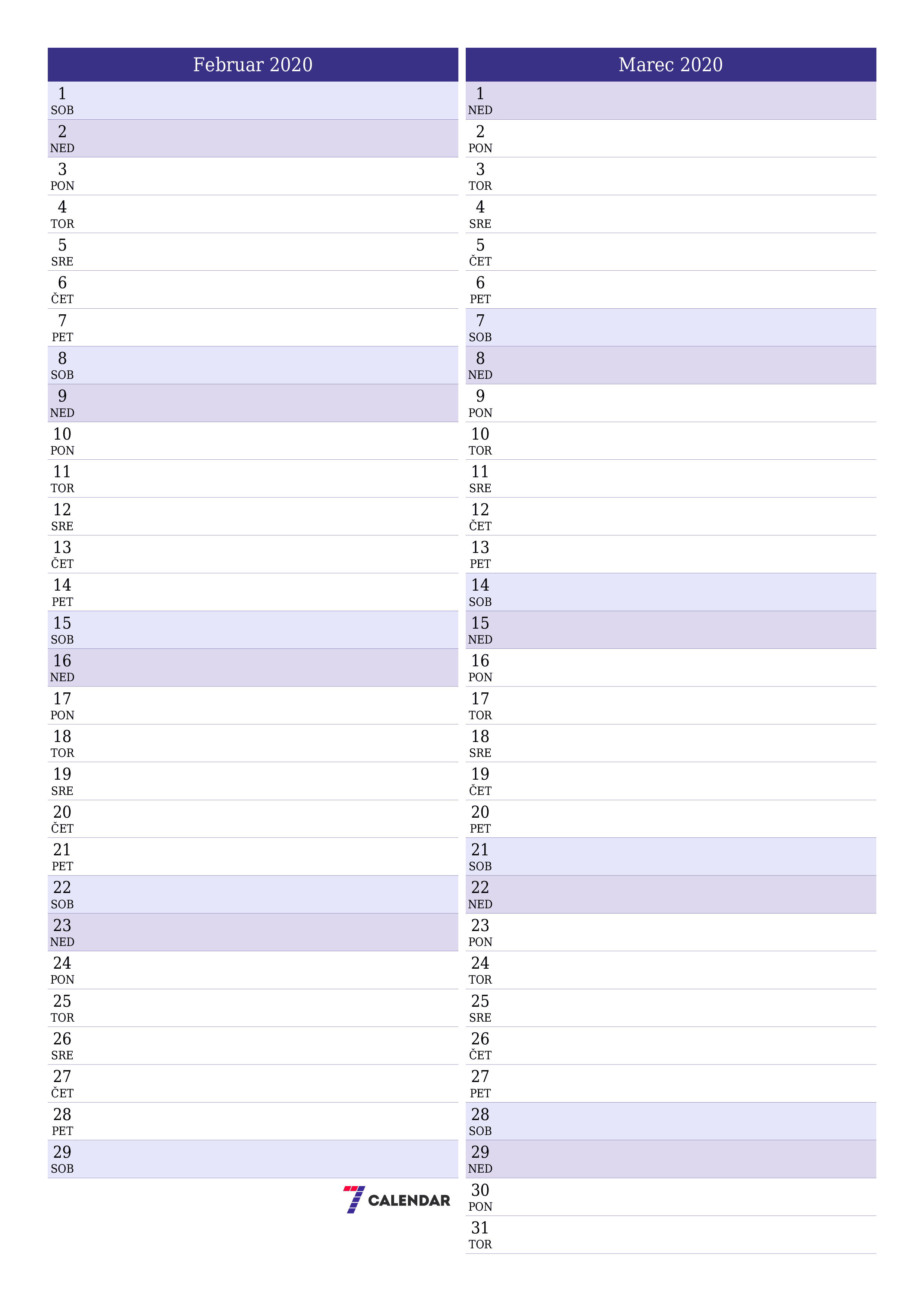 Prazen mesečni načrtovalec koledarja za mesec Februar 2020 z opombami, natisnjenimi v PDF PNG Slovenian