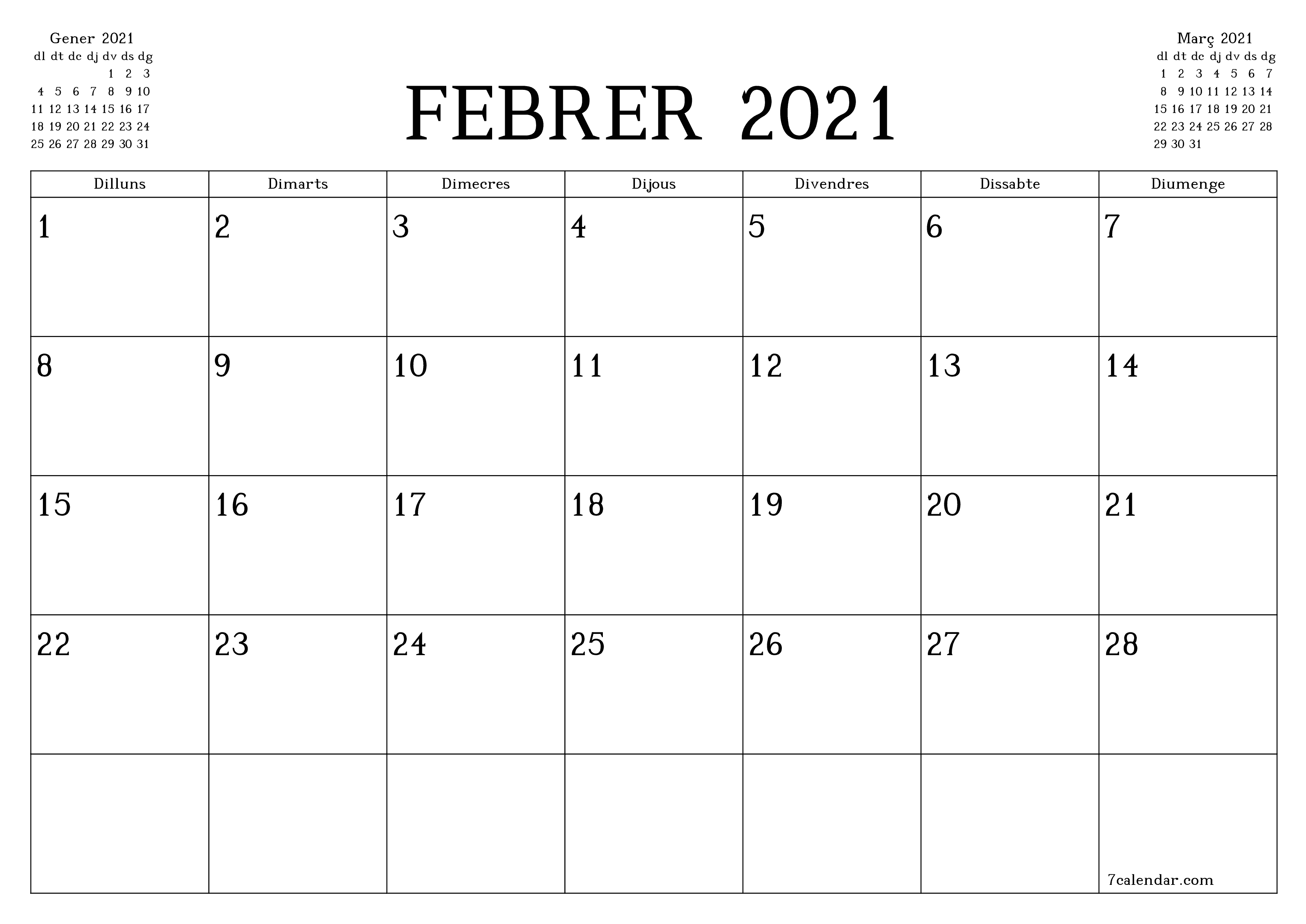 Planificador mensual buit del mes Febrer 2021 amb notes, deseu-lo i imprimiu-lo en format PDF PNG Catalan