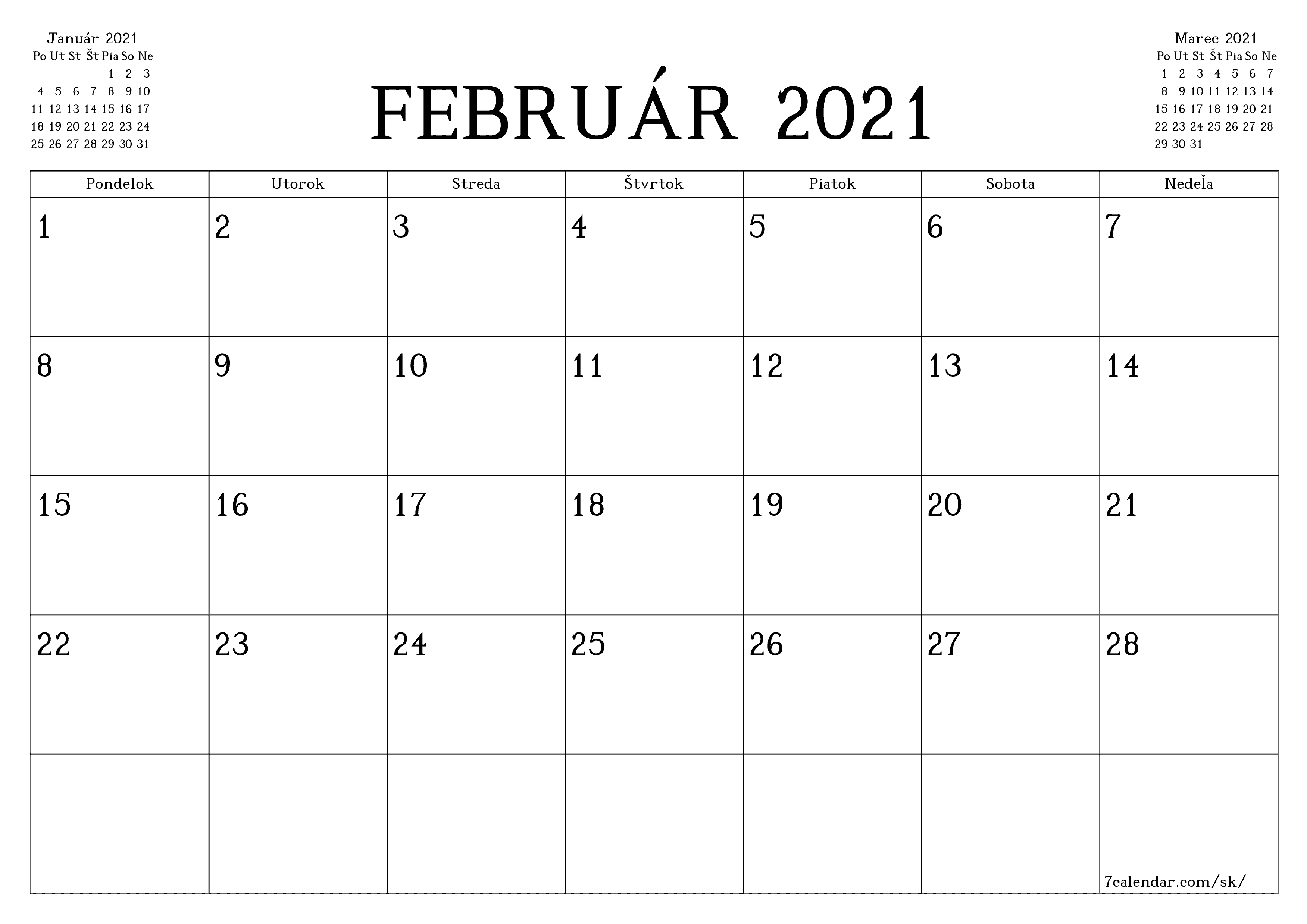 Prázdny mesačný plánovač na mesiac Február 2021 s poznámkami, uloženie a tlač do PDF PNG Slovak