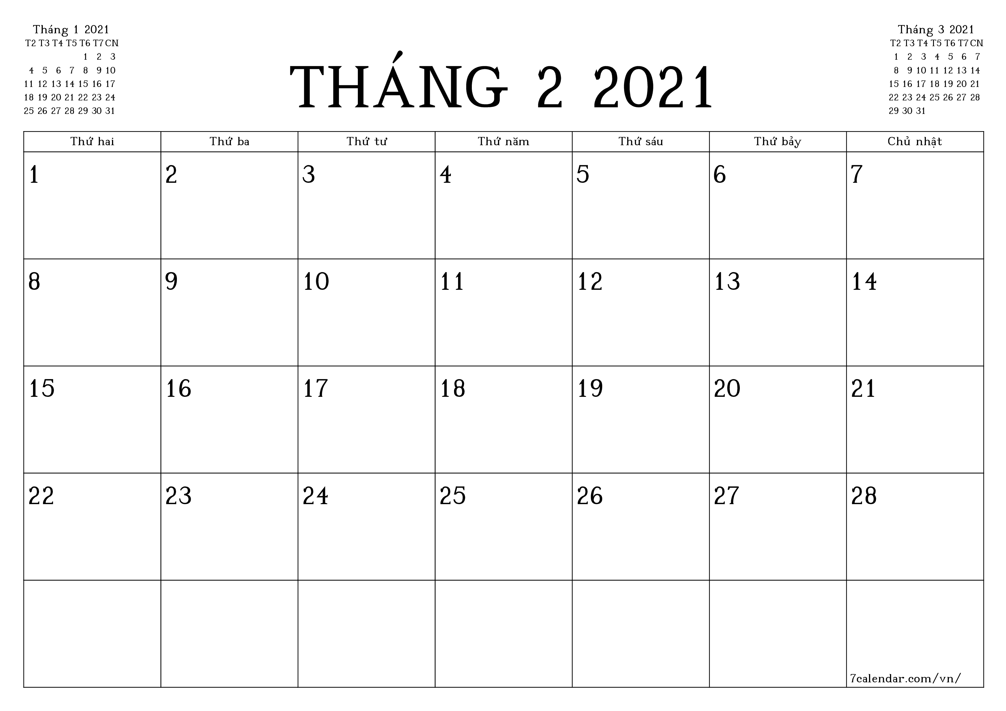 Công cụ lập kế hoạch hàng tháng trống cho tháng Tháng 2 2021 có ghi chú, lưu và in sang PDF PNG Vietnamese