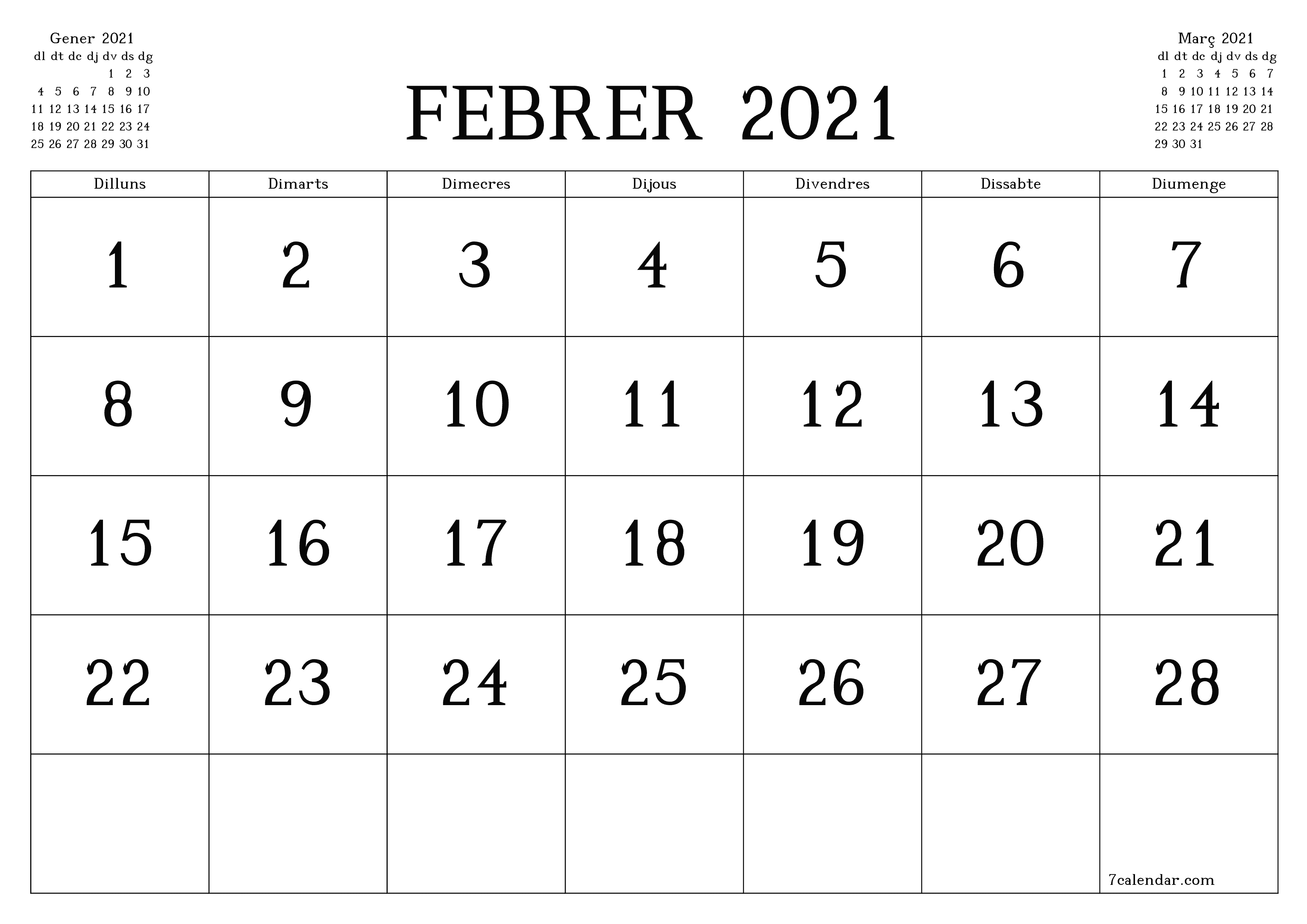Planificador mensual buit del mes Febrer 2021 amb notes, deseu-lo i imprimiu-lo en format PDF PNG Catalan