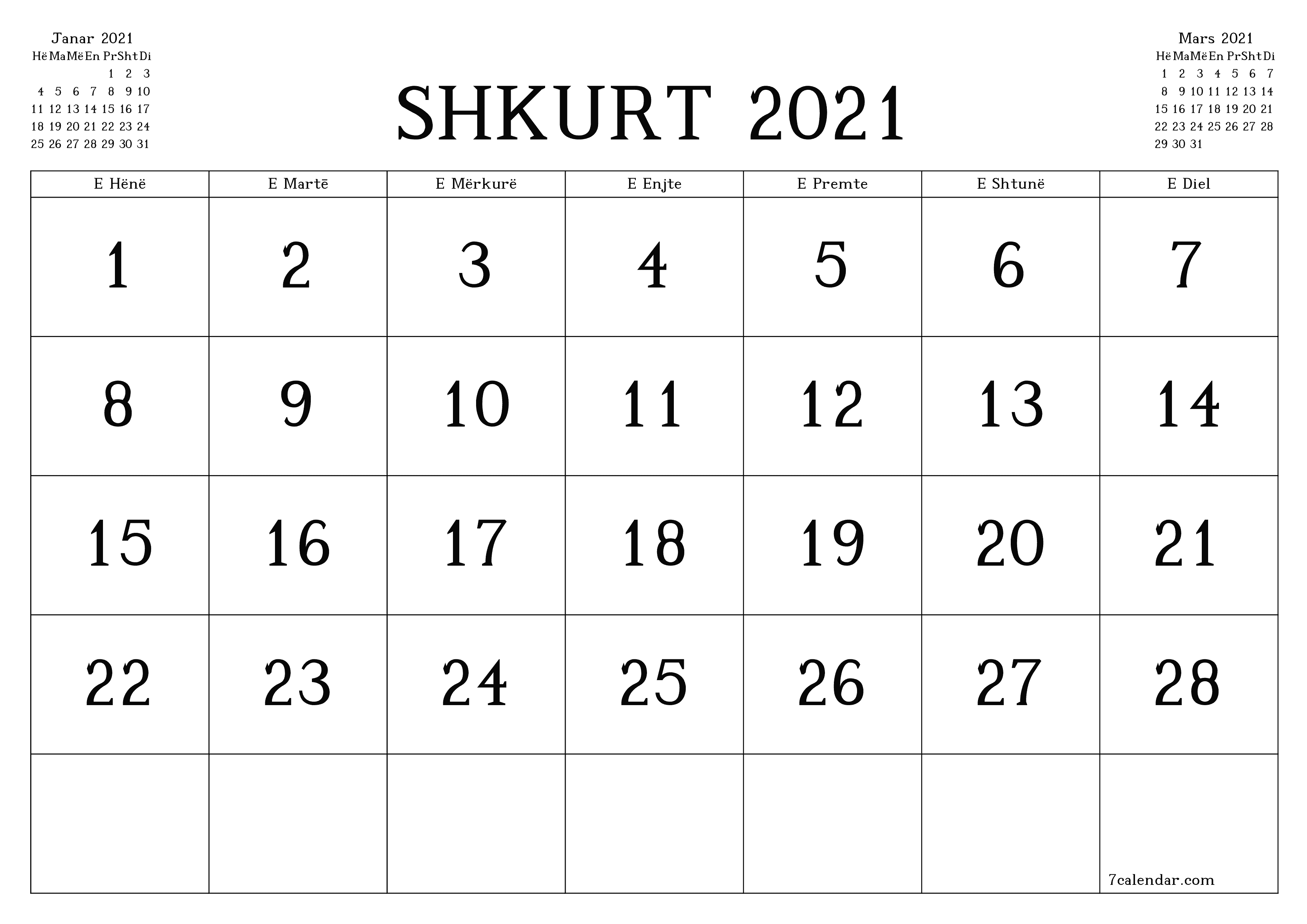 Planifikuesi i zbrazët i kalendarit mujor për muajin Shkurt 2021 me shënime të ruajtura dhe të printuara në PDF PNG Albanian