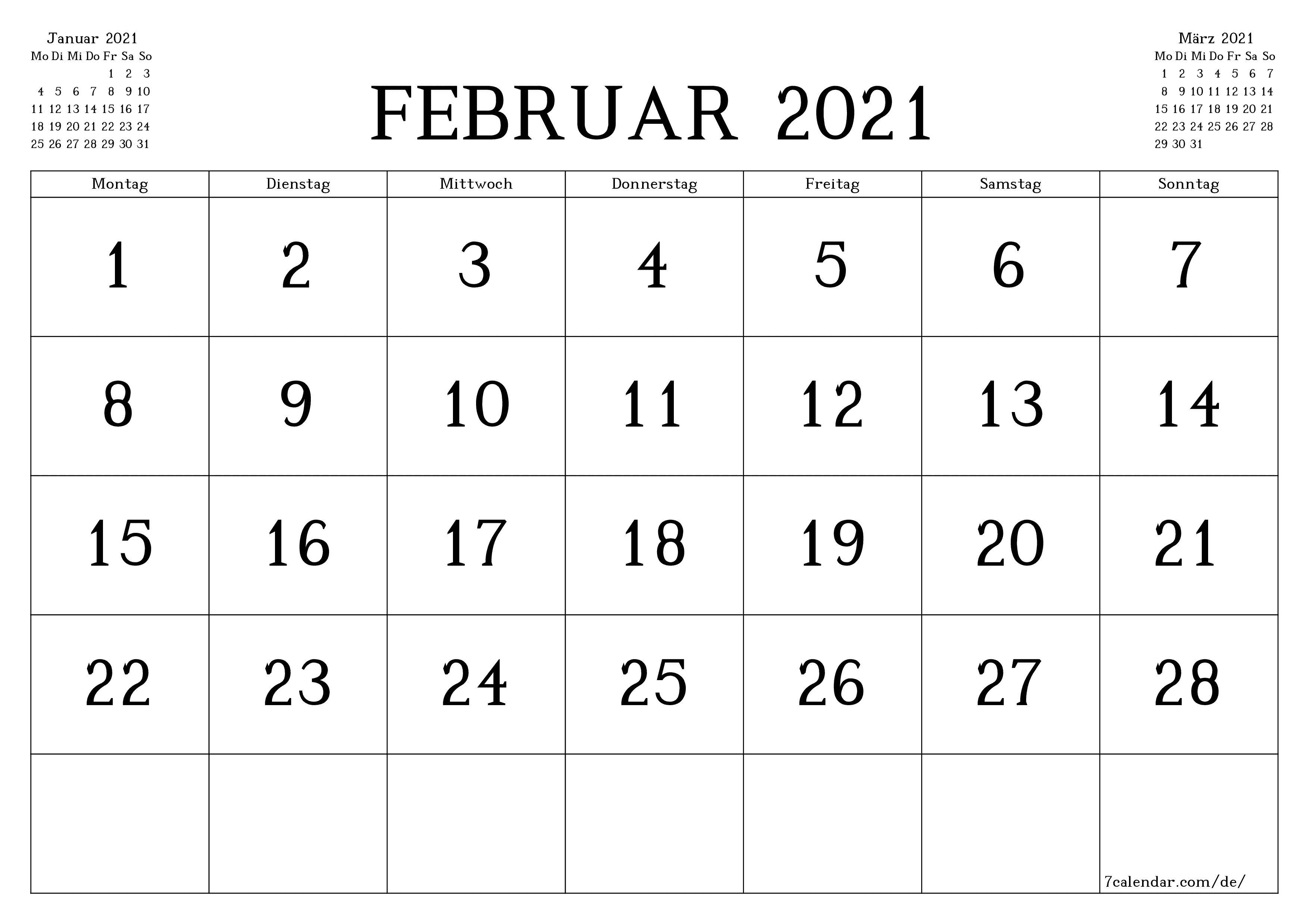 Monatsplaner für Monat Februar 2021 mit Notizen leeren, speichern und als PDF PNG German - 7calendar.com drucken
