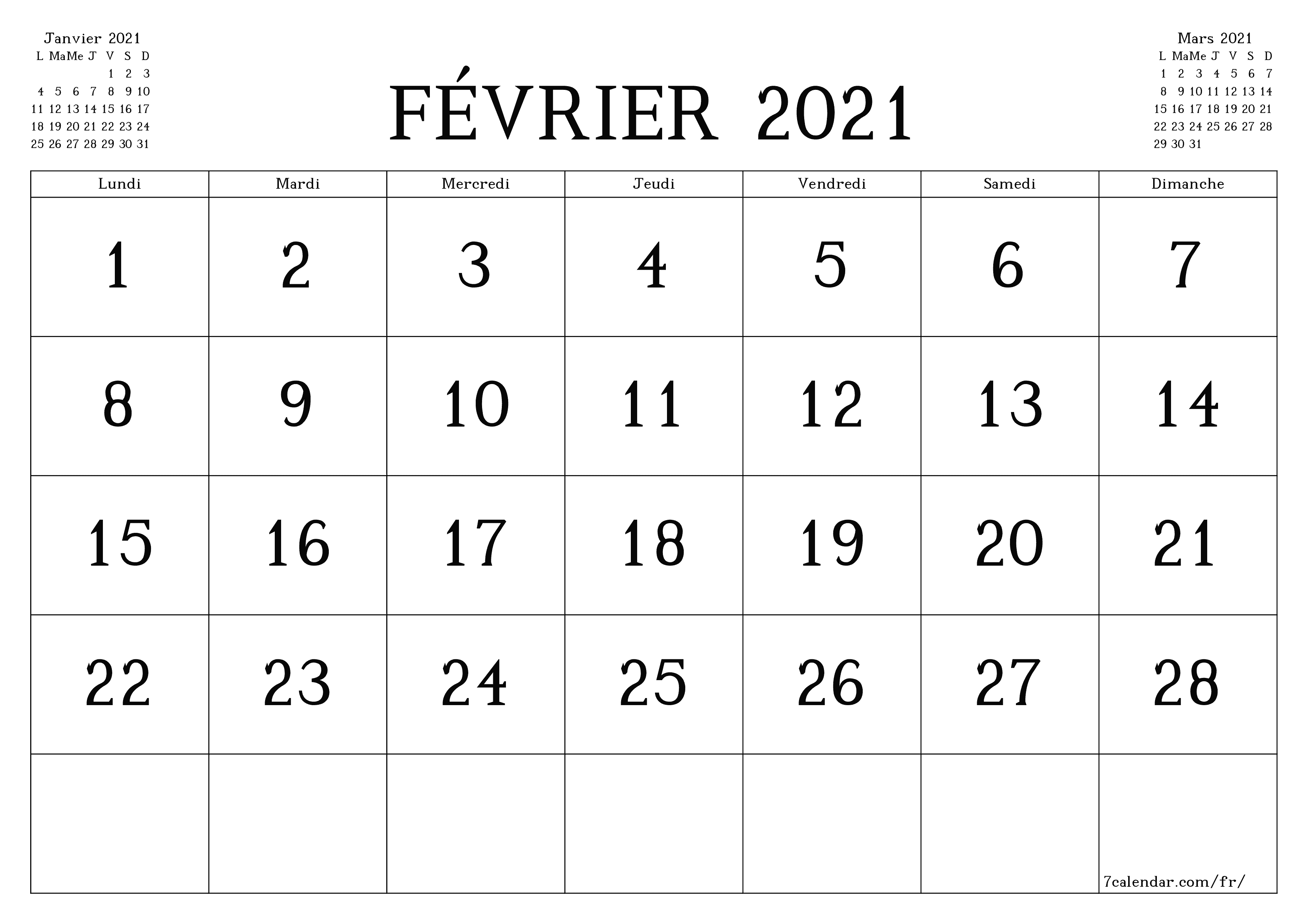 Agenda mensuel vide pour le mois Février 2021 avec notes, enregistrez et imprimez au format PDF PNG French