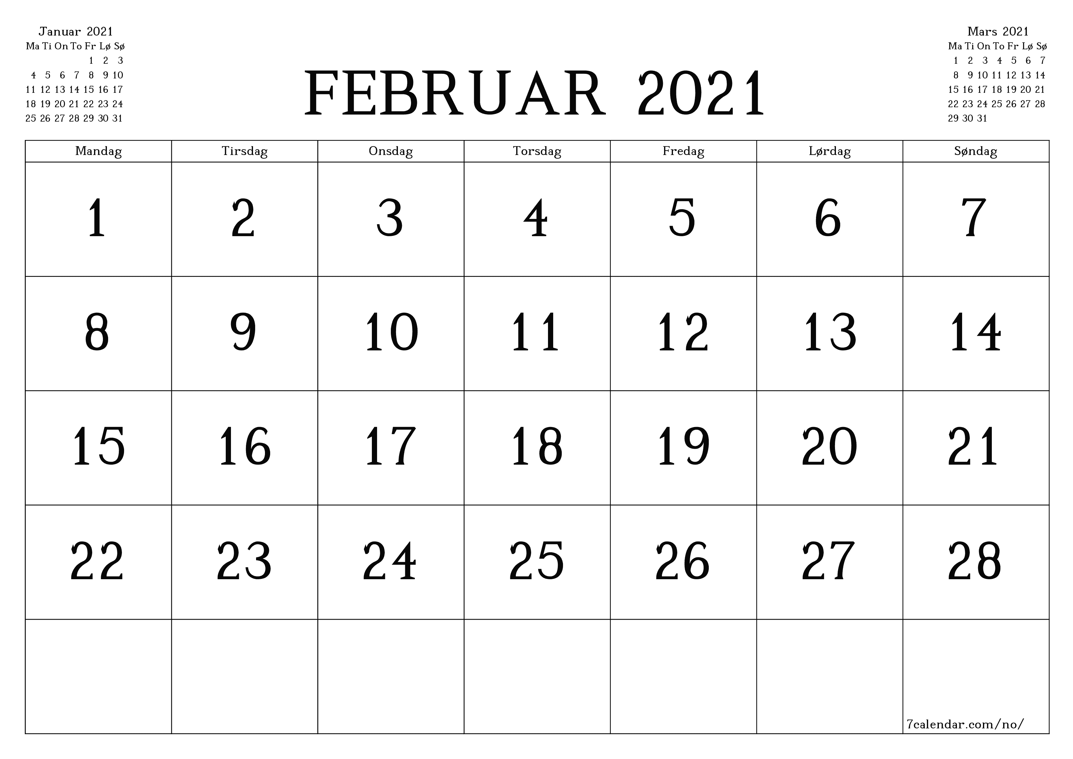 Tom månedlig planlegger for måned Februar 2021 med notater, lagre og skriv ut til PDF PNG Norwegian