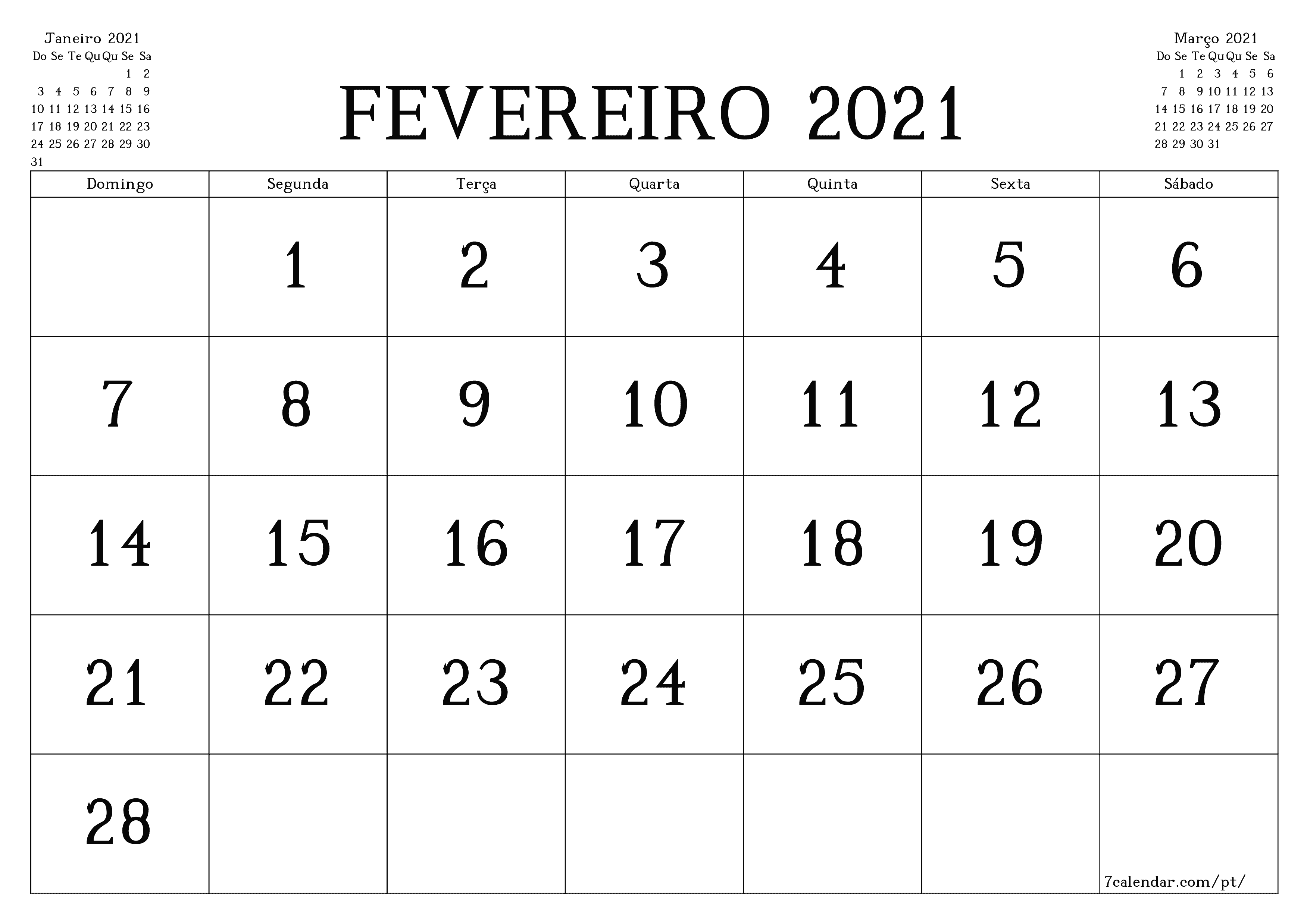 Esvazie o planejador mensal para o mês Fevereiro 2021 com notas, salve e imprima em PDF PNG Portuguese