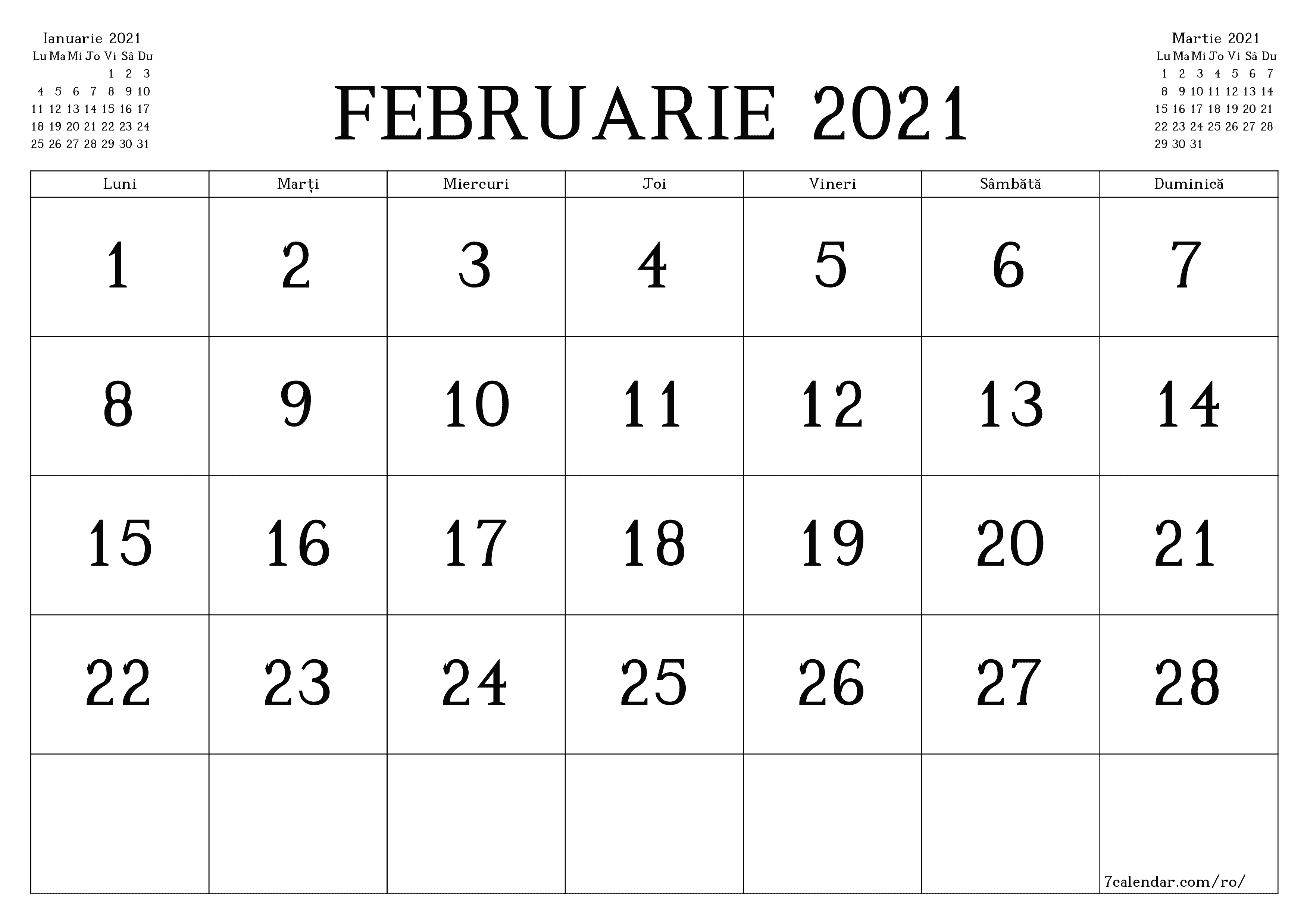 Planificator lunar gol pentru luna Februarie 2021 cu note, salvați și tipăriți în PDF PNG Romanian