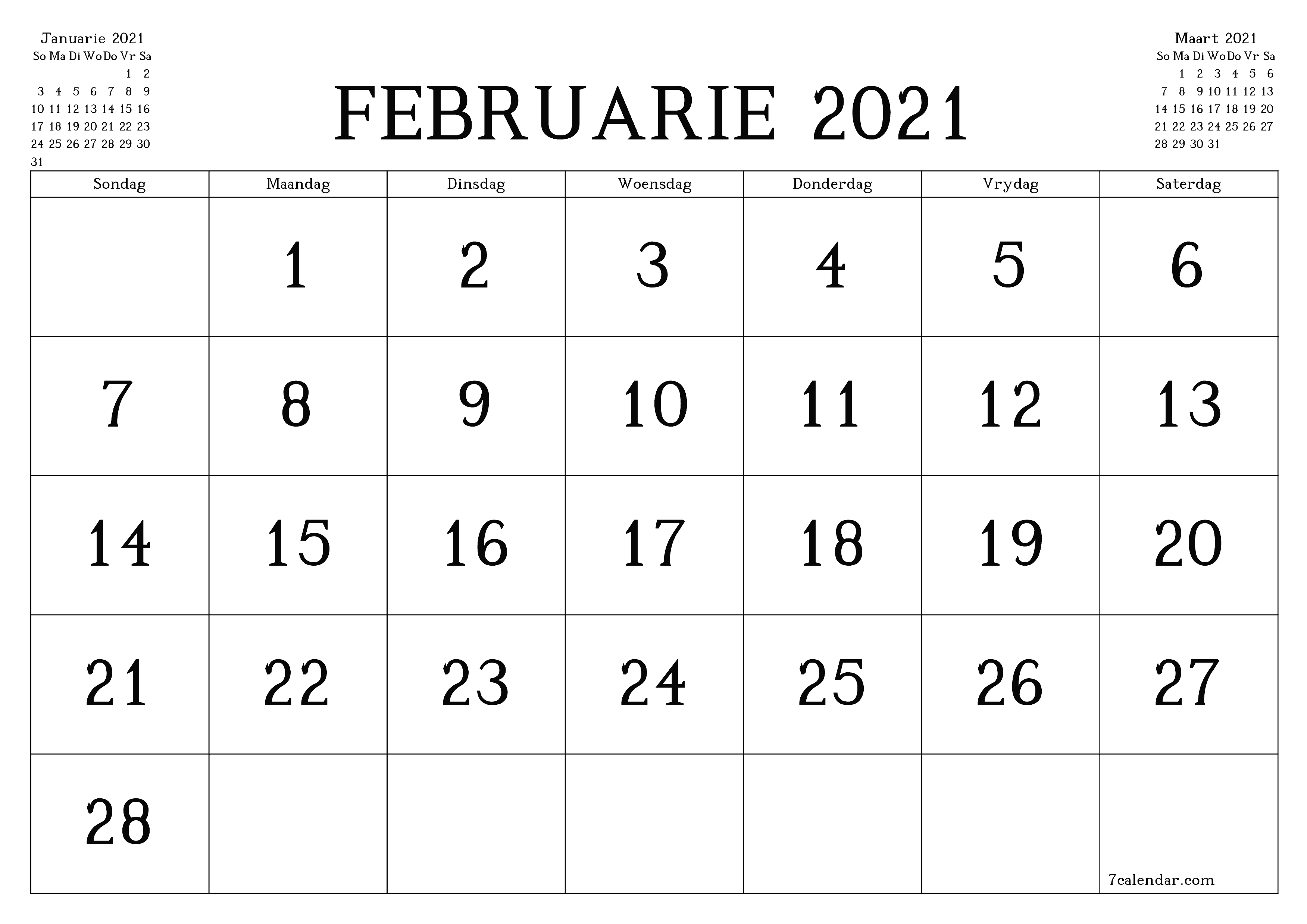 Leë maandelikse drukbare kalender en beplanner vir maand Februarie 2021 met notas stoor en druk na PDF PNG Afrikaans