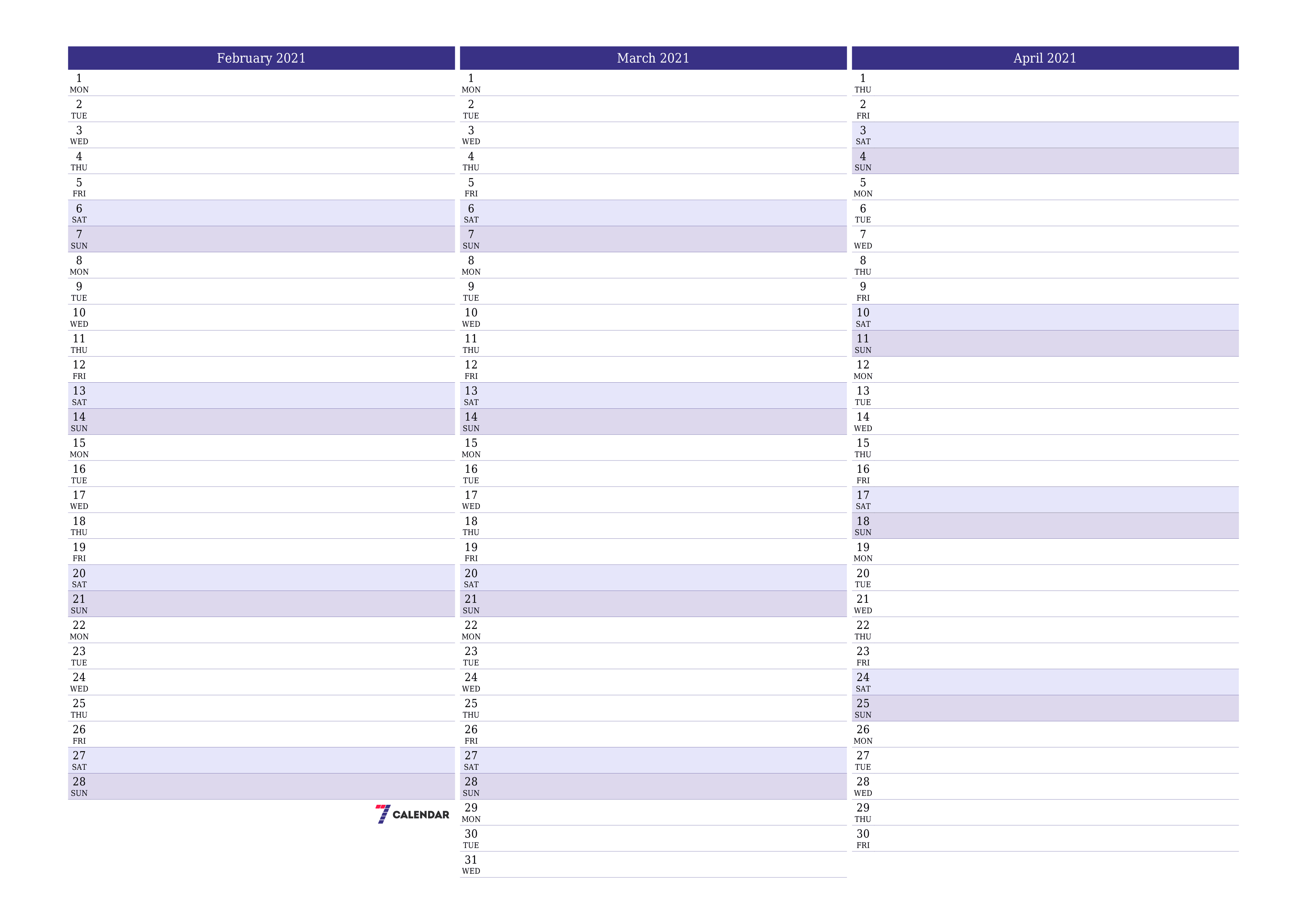 Blank calendar February 2021