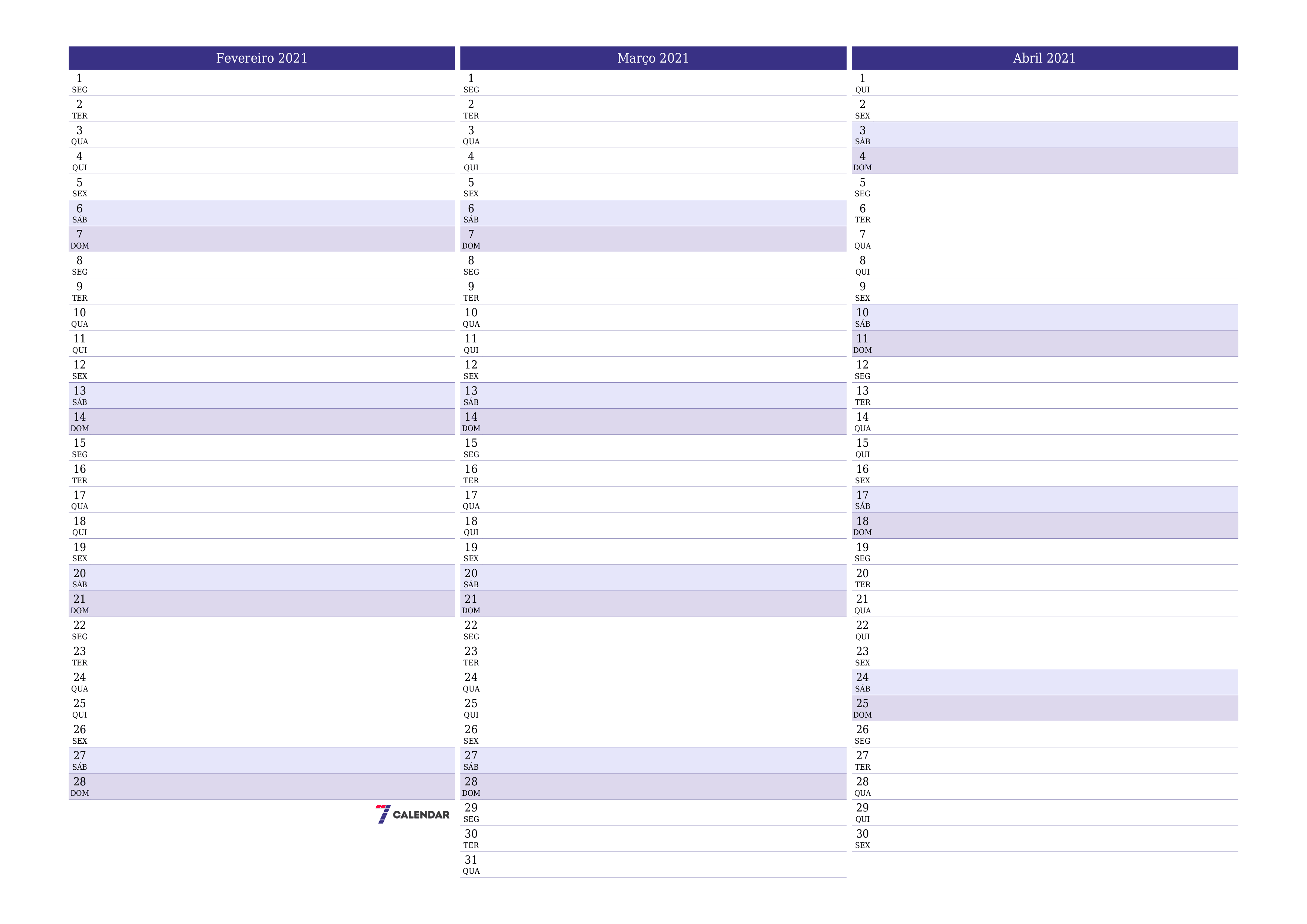 Esvazie o planejador mensal para o mês Fevereiro 2021 com notas, salve e imprima em PDF PNG Portuguese