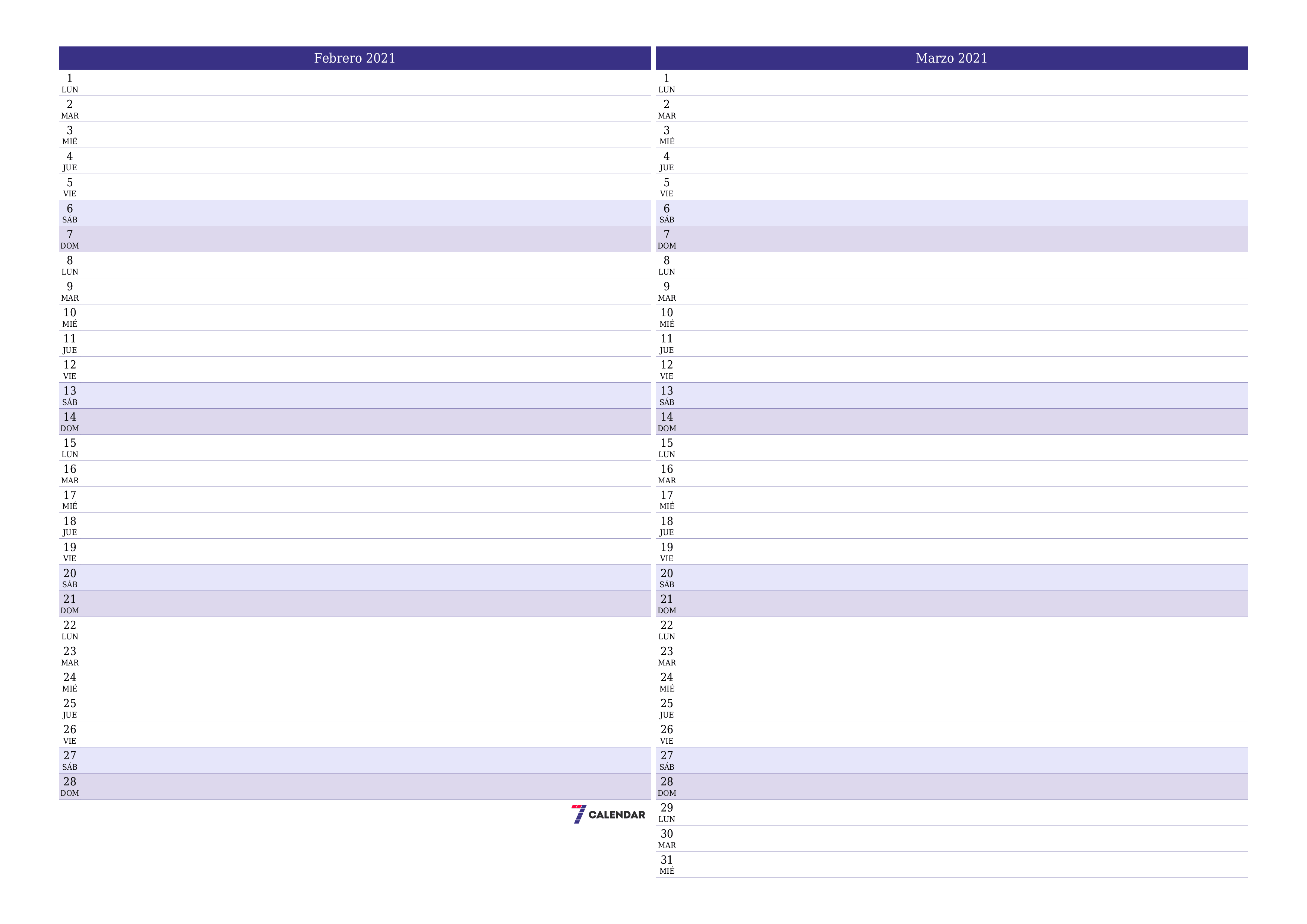 Planificador mensual vacío para el mes Febrero 2021 con notas, guardar e imprimir en PDF PNG Spanish