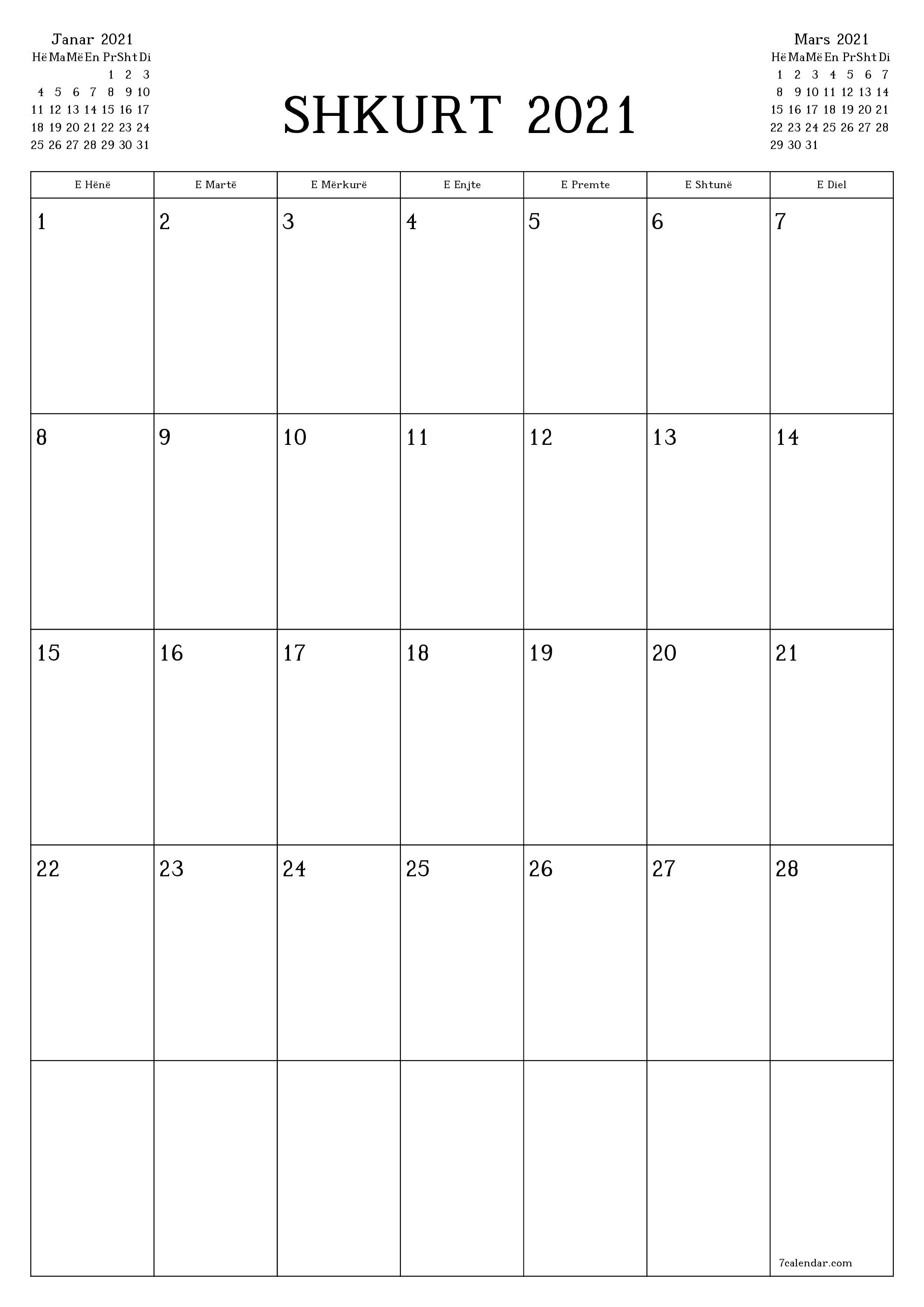  i printueshëm muri shabllon falasvertikale mujore planifikues kalendar Shkurt (Shk) 2021