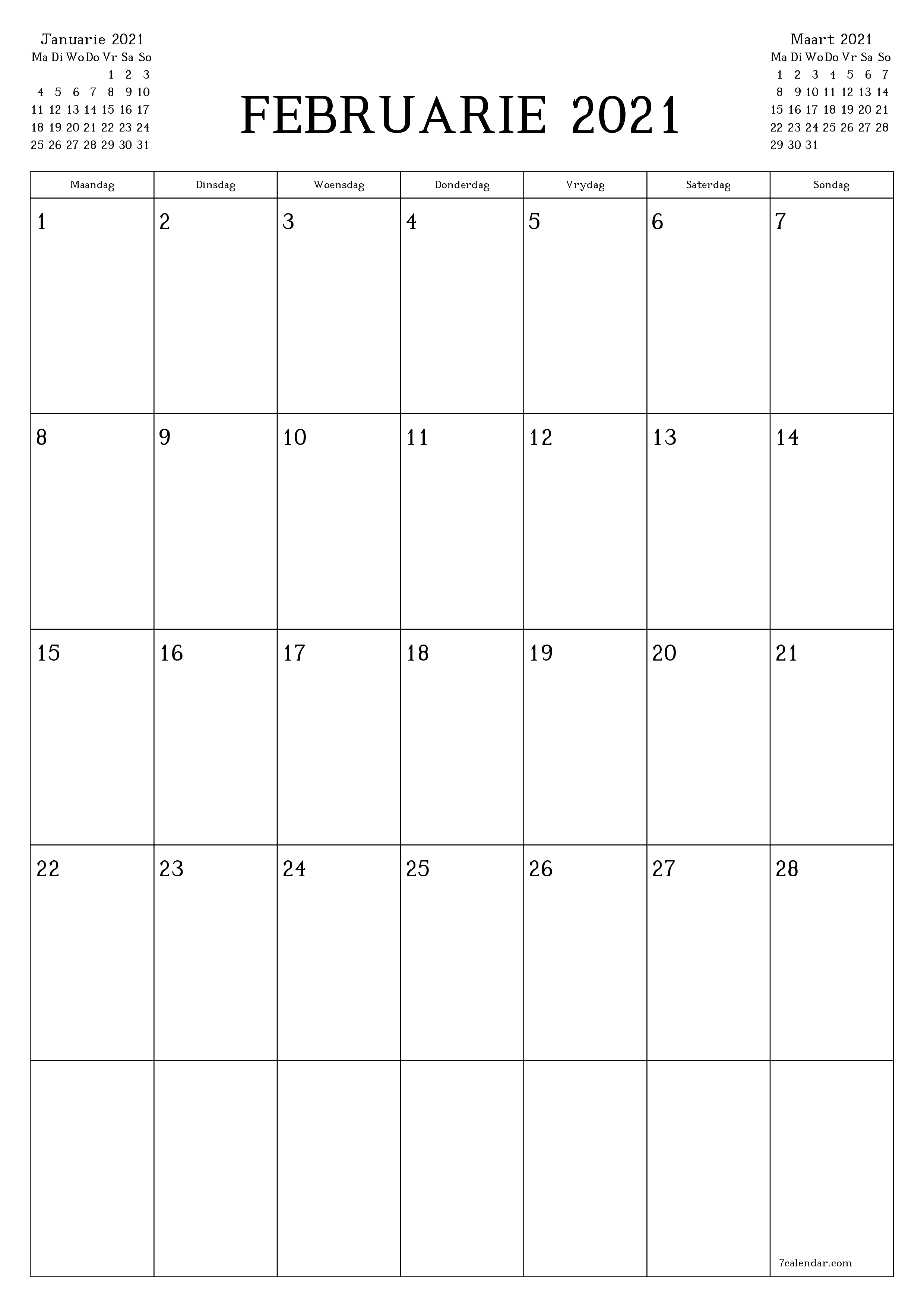 Leë maandelikse drukbare kalender en beplanner vir maand Februarie 2021 met notas stoor en druk na PDF PNG Afrikaans