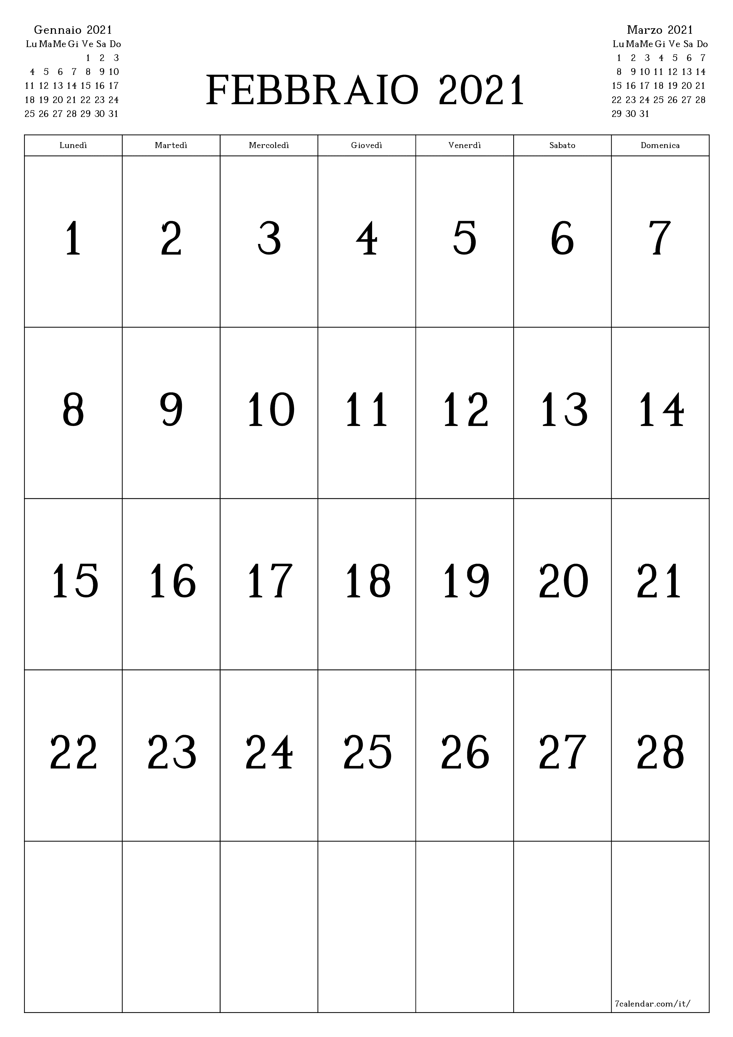 Calendario mensile vuoto per il mese Febbraio 2021 salva e stampa in PDF PNG Italian - 7calendar.com