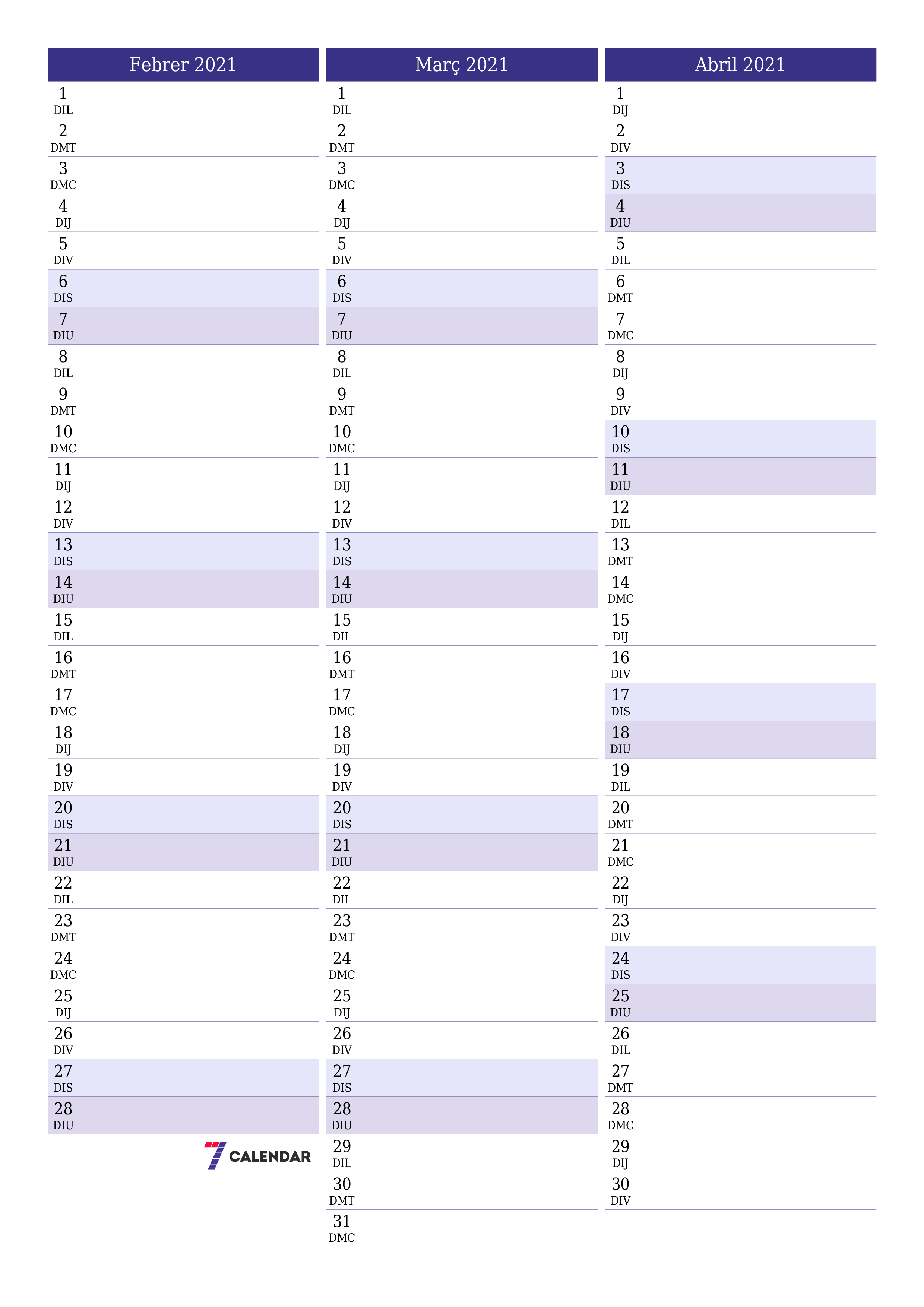  imprimible de paret plantilla de gratuïtvertical Mensual planificador calendari Febrer (Feb) 2021