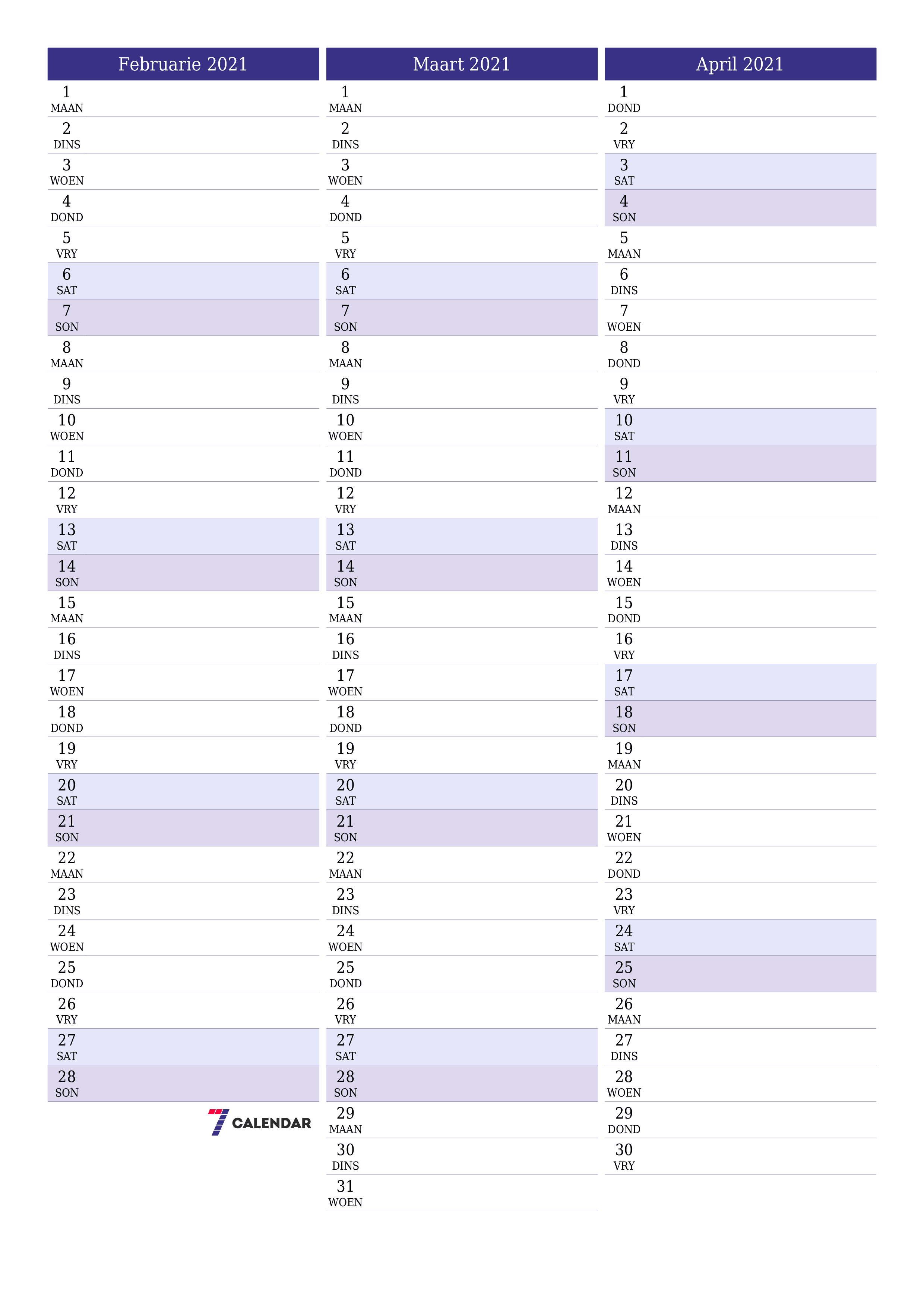 Leë maandelikse drukbare kalender en beplanner vir maand Februarie 2021 met notas stoor en druk na PDF PNG Afrikaans