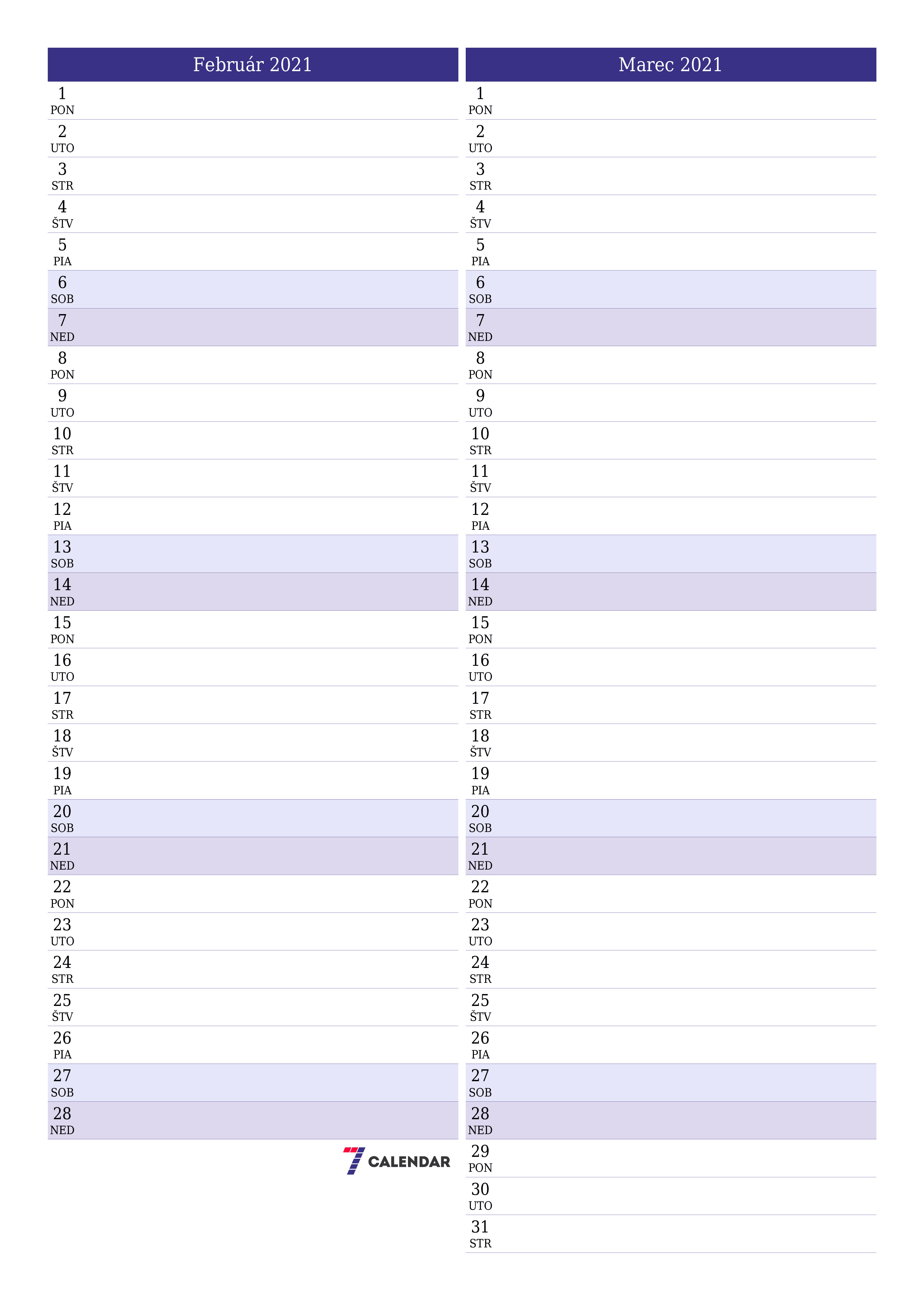 Prázdny mesačný plánovač na mesiac Február 2021 s poznámkami, uloženie a tlač do PDF PNG Slovak