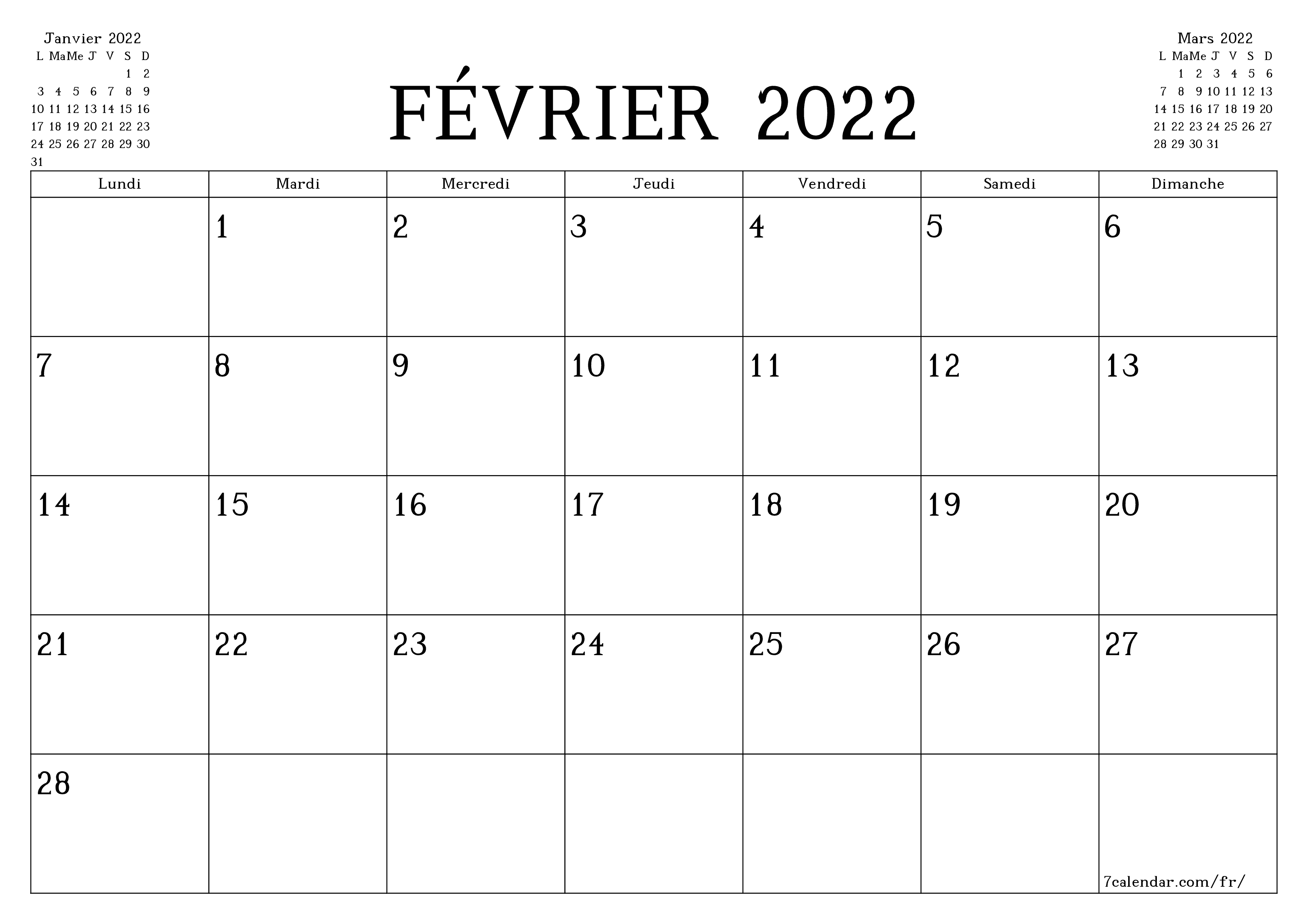 Agenda mensuel vide pour le mois Février 2022 avec notes, enregistrez et imprimez au format PDF PNG French