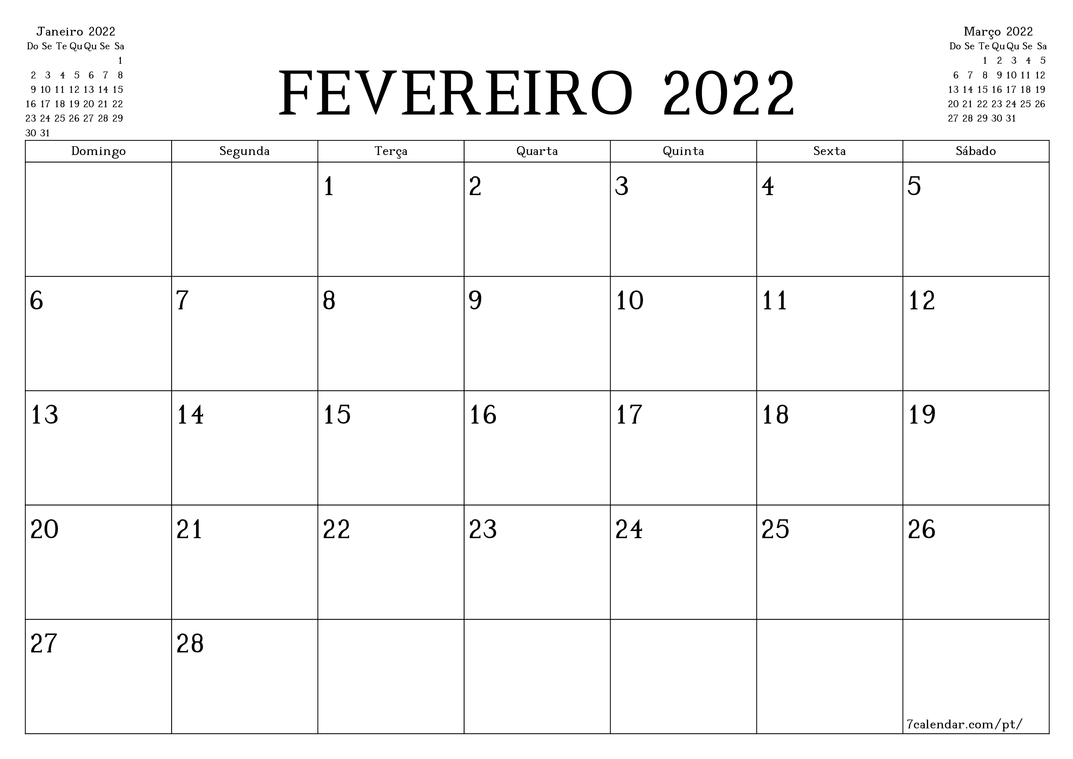 Esvazie o planejador mensal para o mês Fevereiro 2022 com notas, salve e imprima em PDF PNG Portuguese