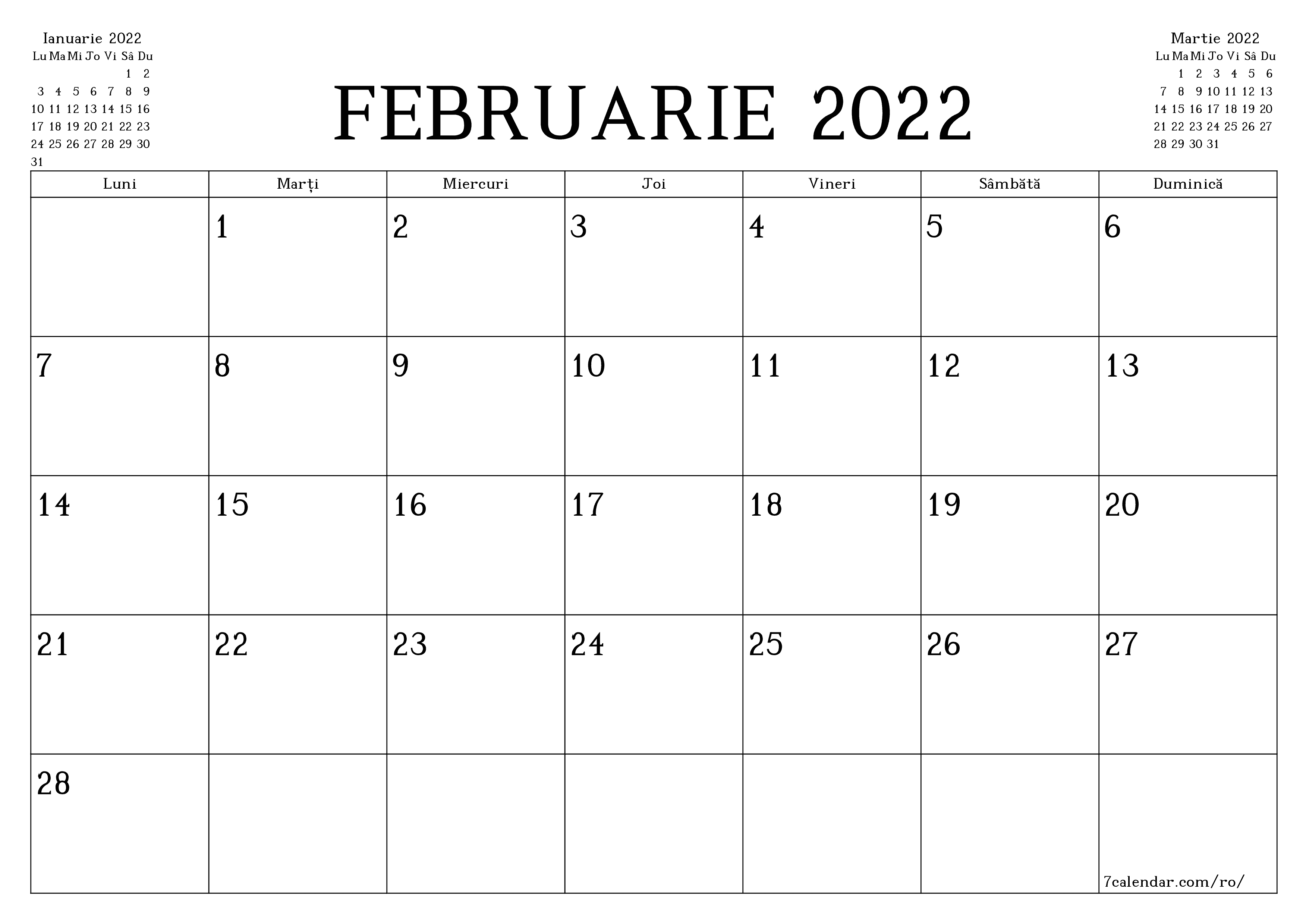 Planificator lunar gol pentru luna Februarie 2022 cu note, salvați și tipăriți în PDF PNG Romanian - 7calendar.com