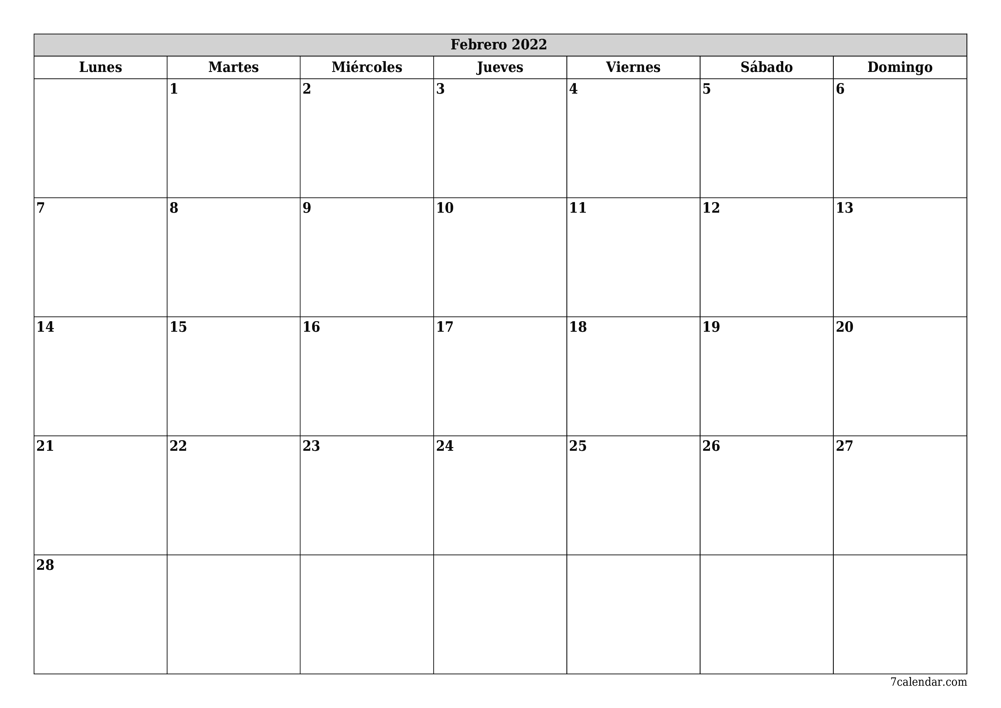 Planificador mensual vacío para el mes Febrero 2022 con notas, guardar e imprimir en PDF PNG Spanish