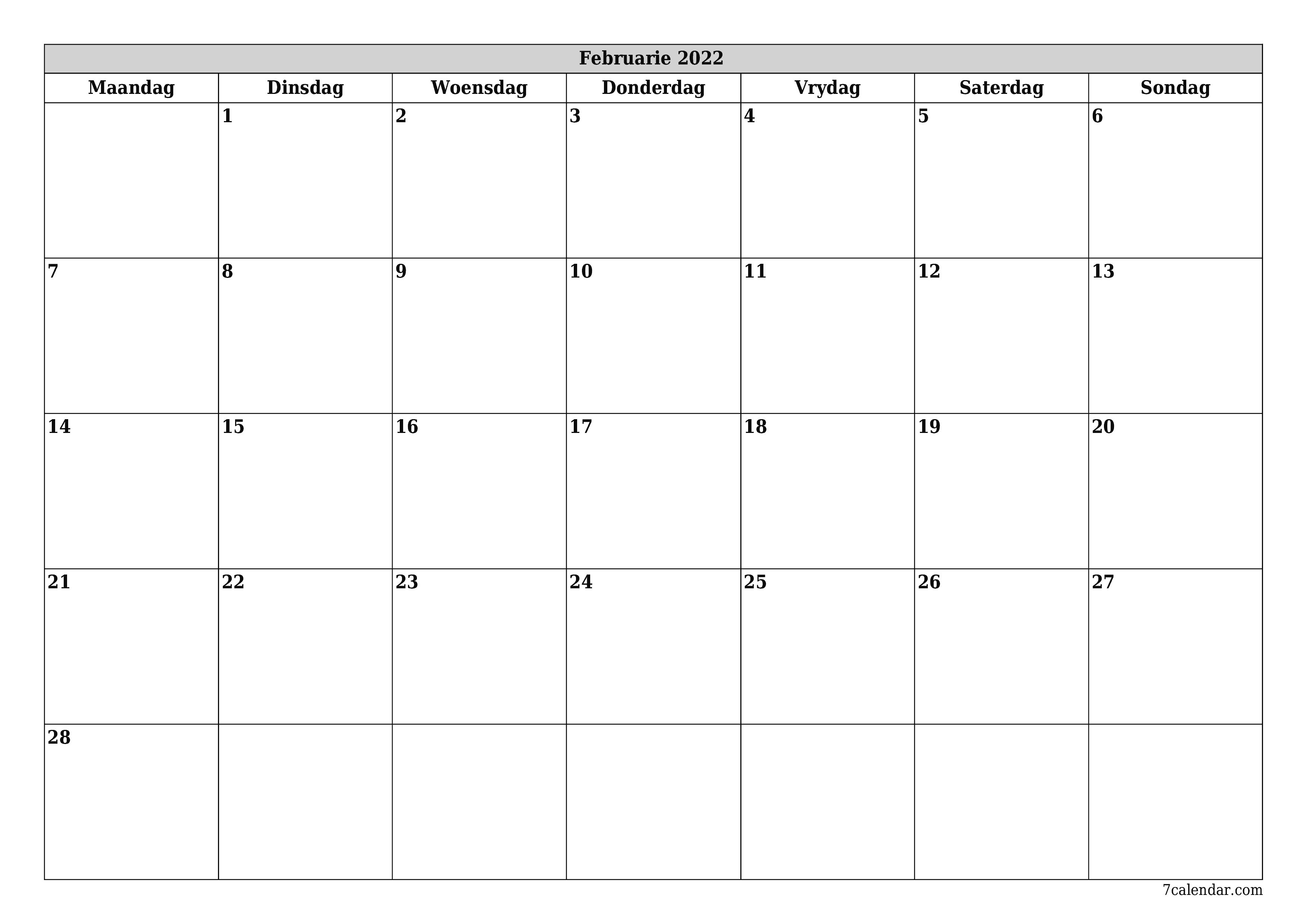 Leë maandelikse drukbare kalender en beplanner vir maand Februarie 2022 met notas stoor en druk na PDF PNG Afrikaans