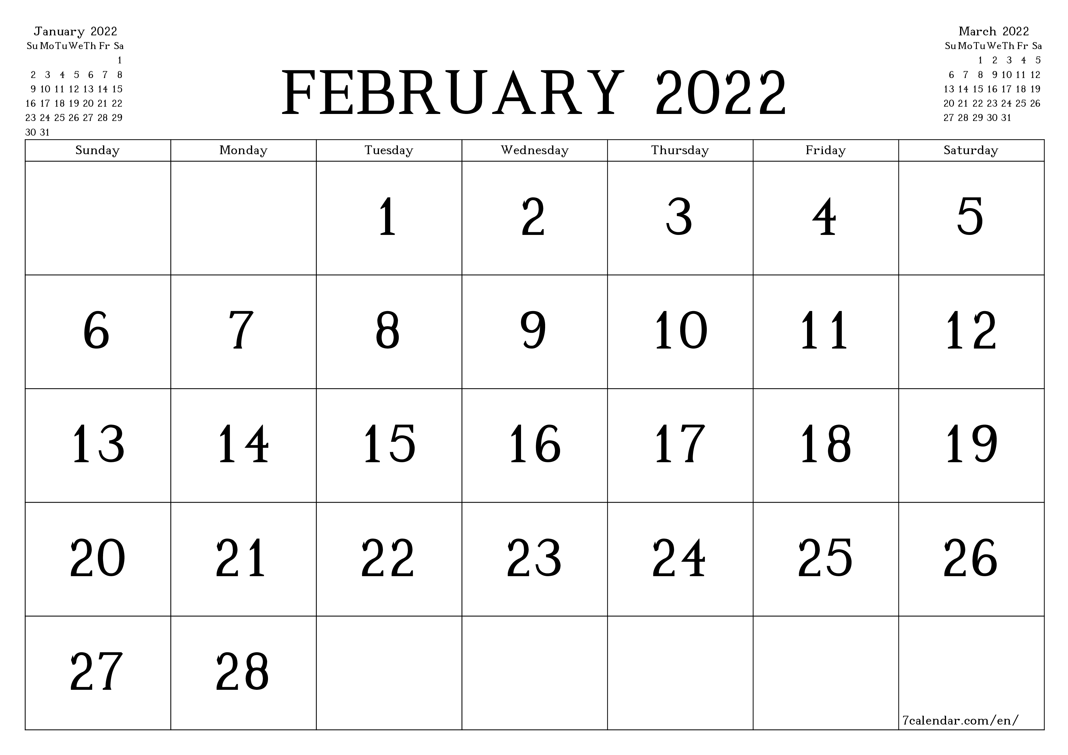 Blank monthly printable calendar and planner for month February 2022 with notes save and print to PDF PNG English