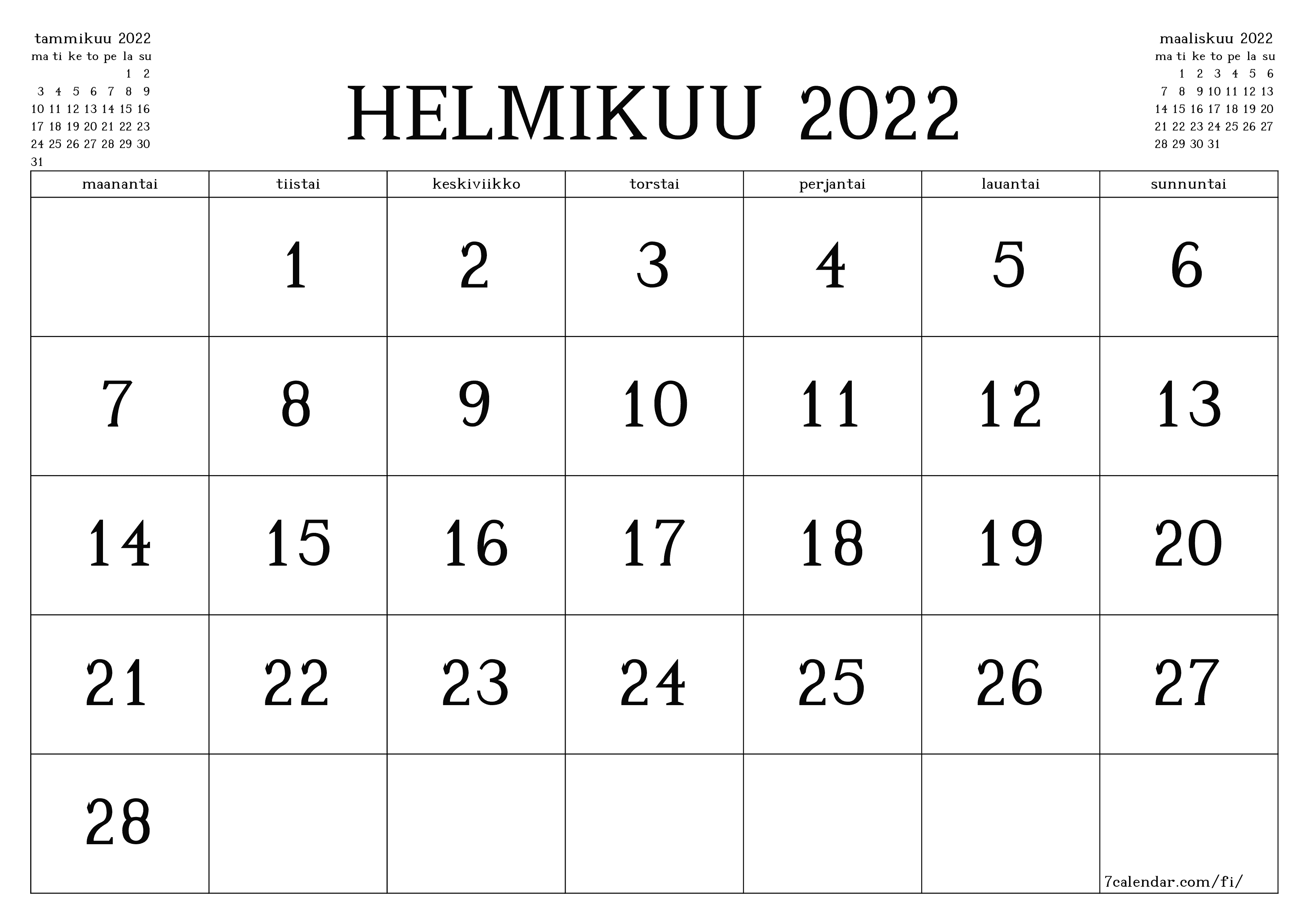 Tyhjennä kuukausittainen suunnittelija kuukaudelle helmikuu 2022 muistiinpanoilla, tallenna ja tulosta PDF-muotoon PNG Finnish