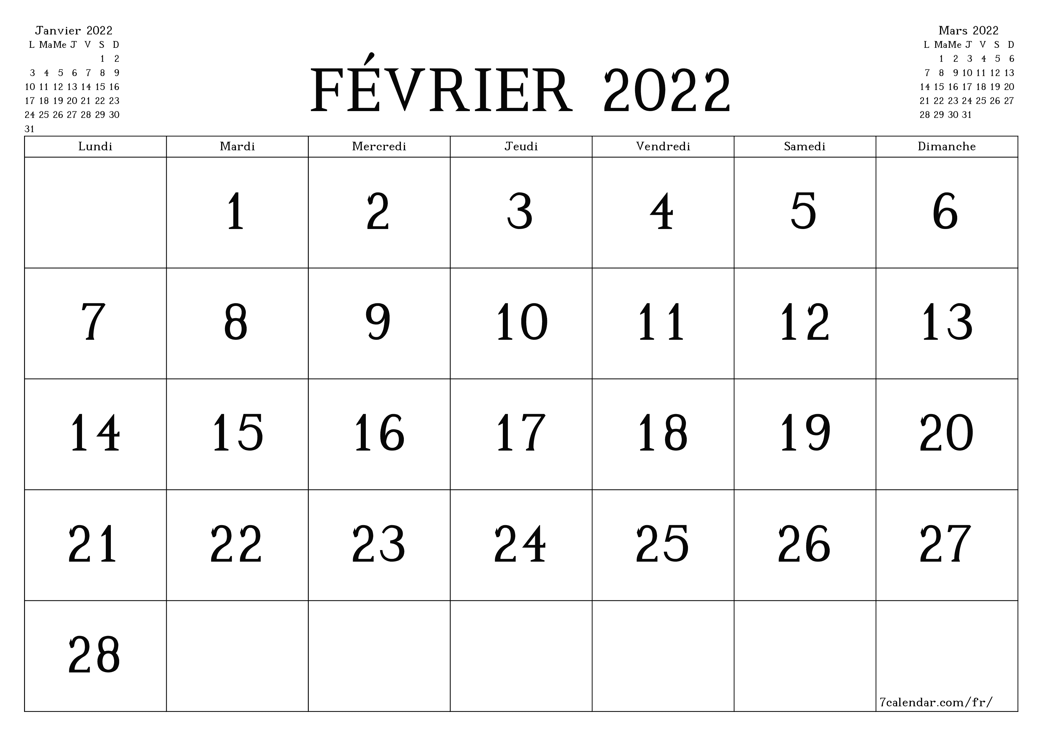 Calendrier mensuel vierge pour le mois Février 2022 enregistrer et imprimer au format PDF PNG French - 7calendar.com