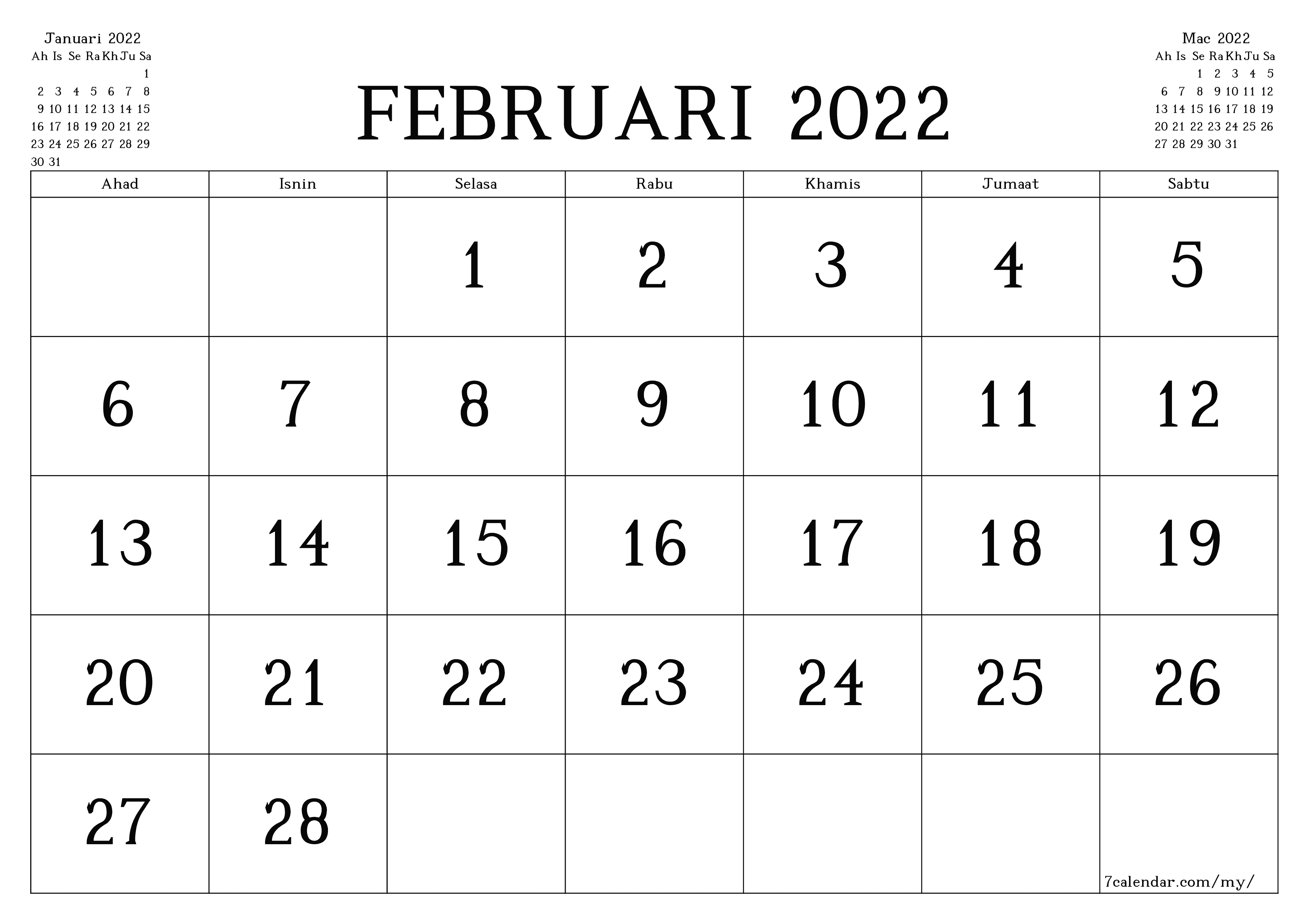 Kalendar bulanan kosong untuk bulan Februari 2022 simpan dan cetak ke PDF PNG Malay - 7calendar.com