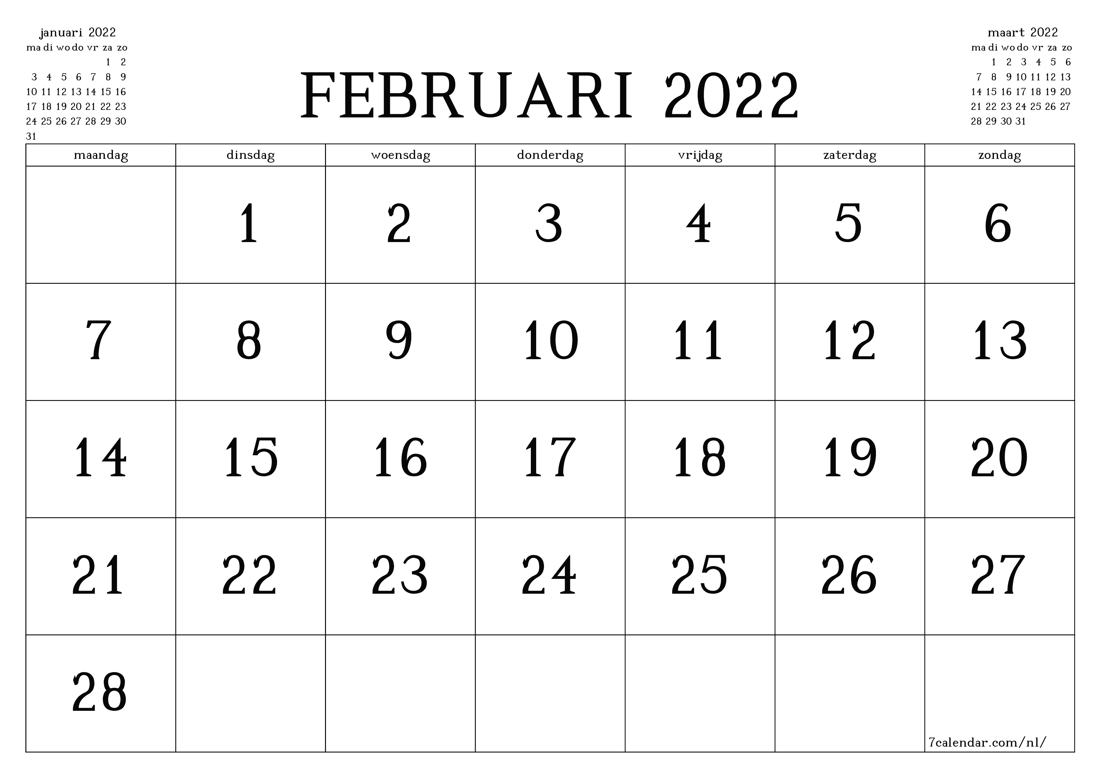 Lege maandkalender voor maand februari 2022 opslaan en afdrukken naar pdf PNG Dutch - 7calendar.com