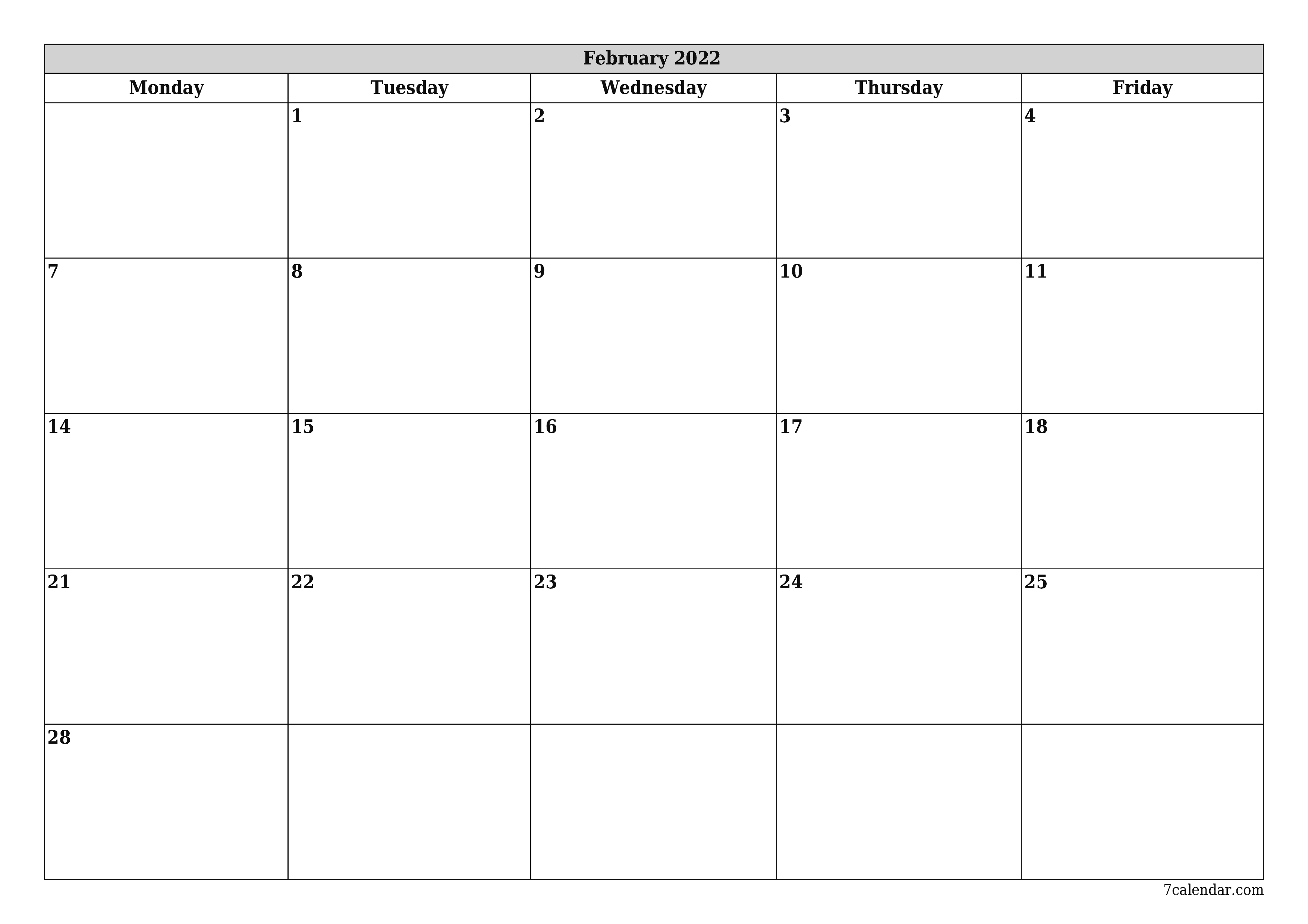 printable wall template free horizontal Monthly planner calendar February (Feb) 2022