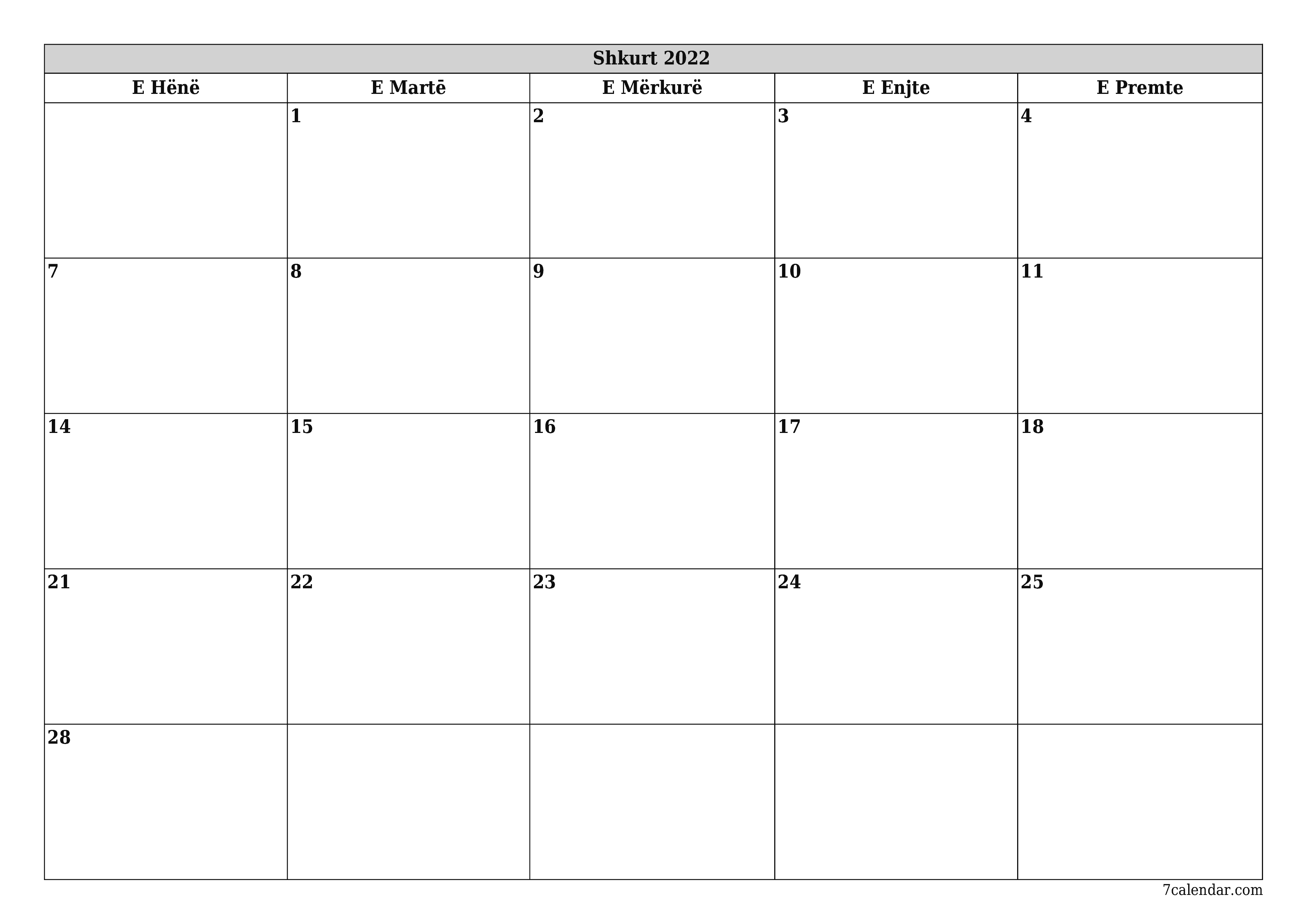 Planifikuesi i zbrazët i kalendarit mujor për muajin Shkurt 2022 me shënime të ruajtura dhe të printuara në PDF PNG Albanian
