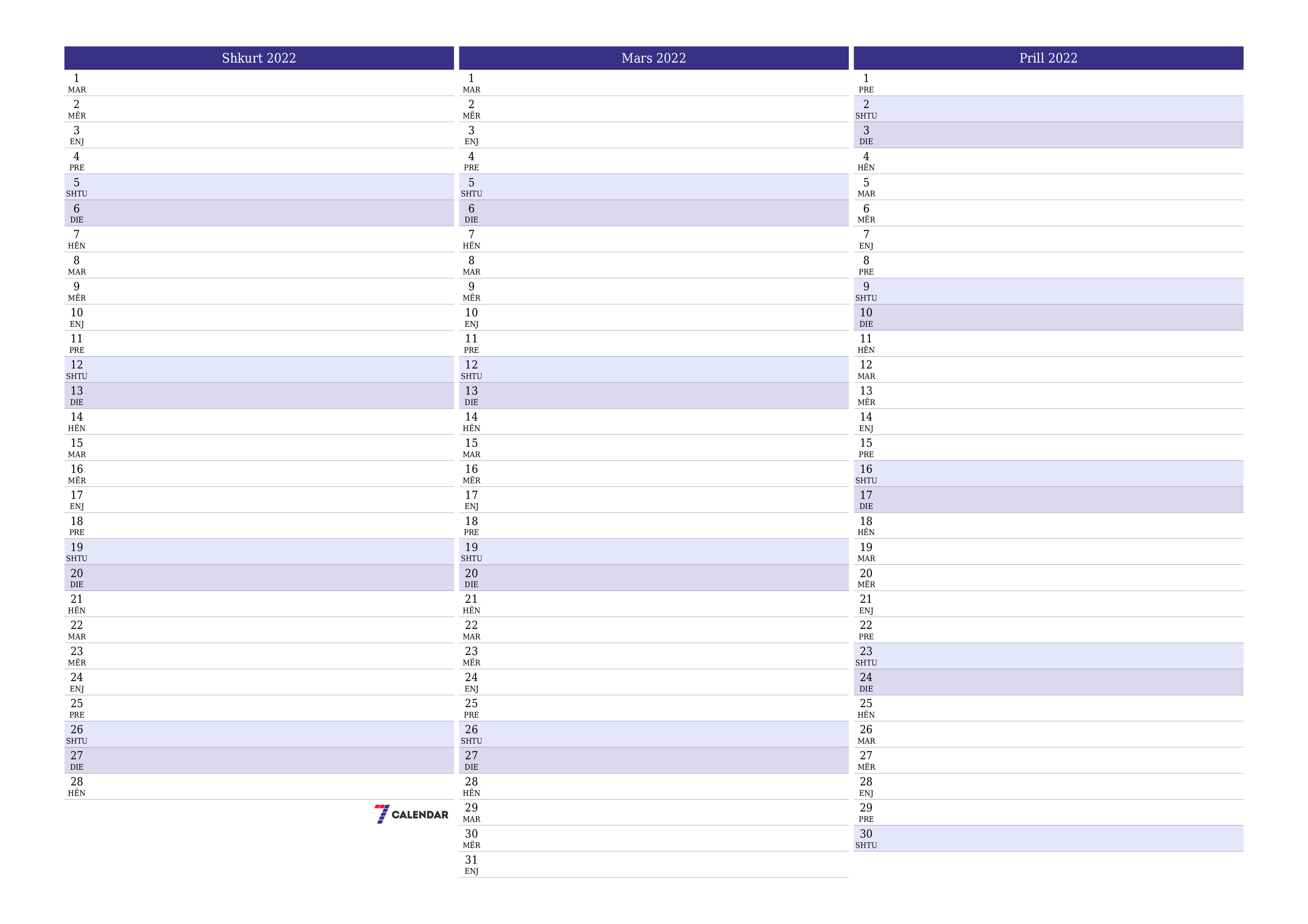  i printueshëm muri shabllon falashorizontale mujore planifikues kalendar Shkurt (Shk) 2022