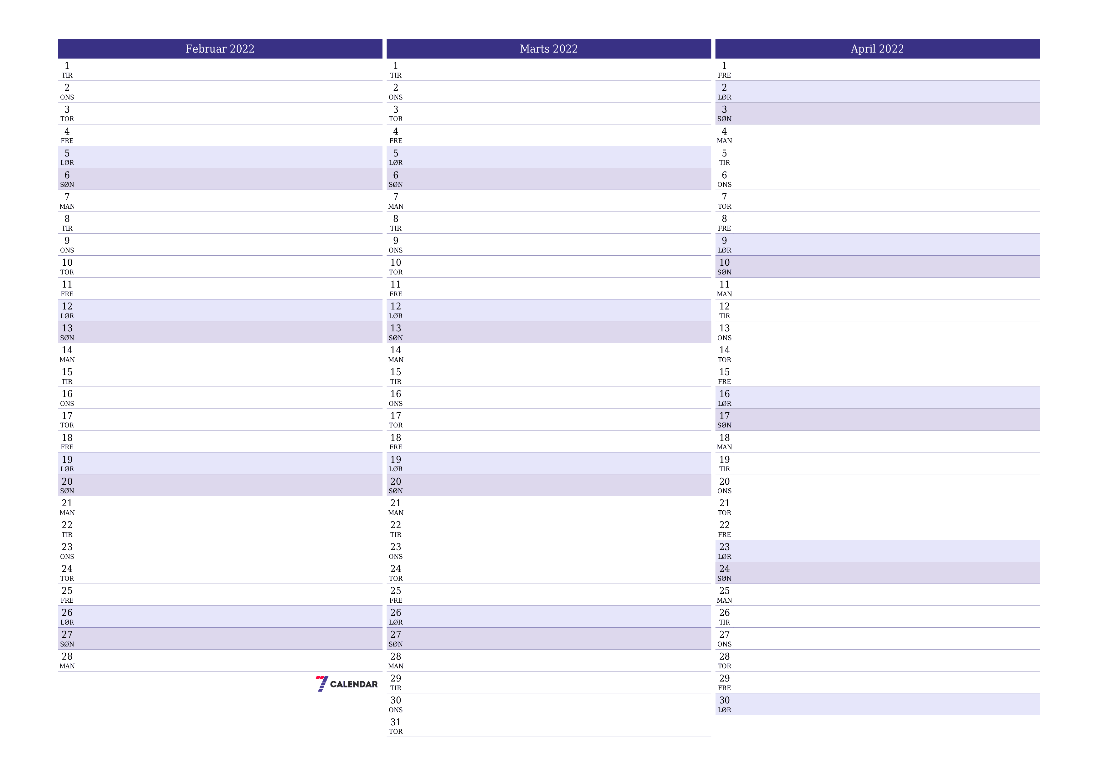 Tom månedlig planlægning for måned Februar 2022 med noter, gem og udskriv til PDF PNG Danish