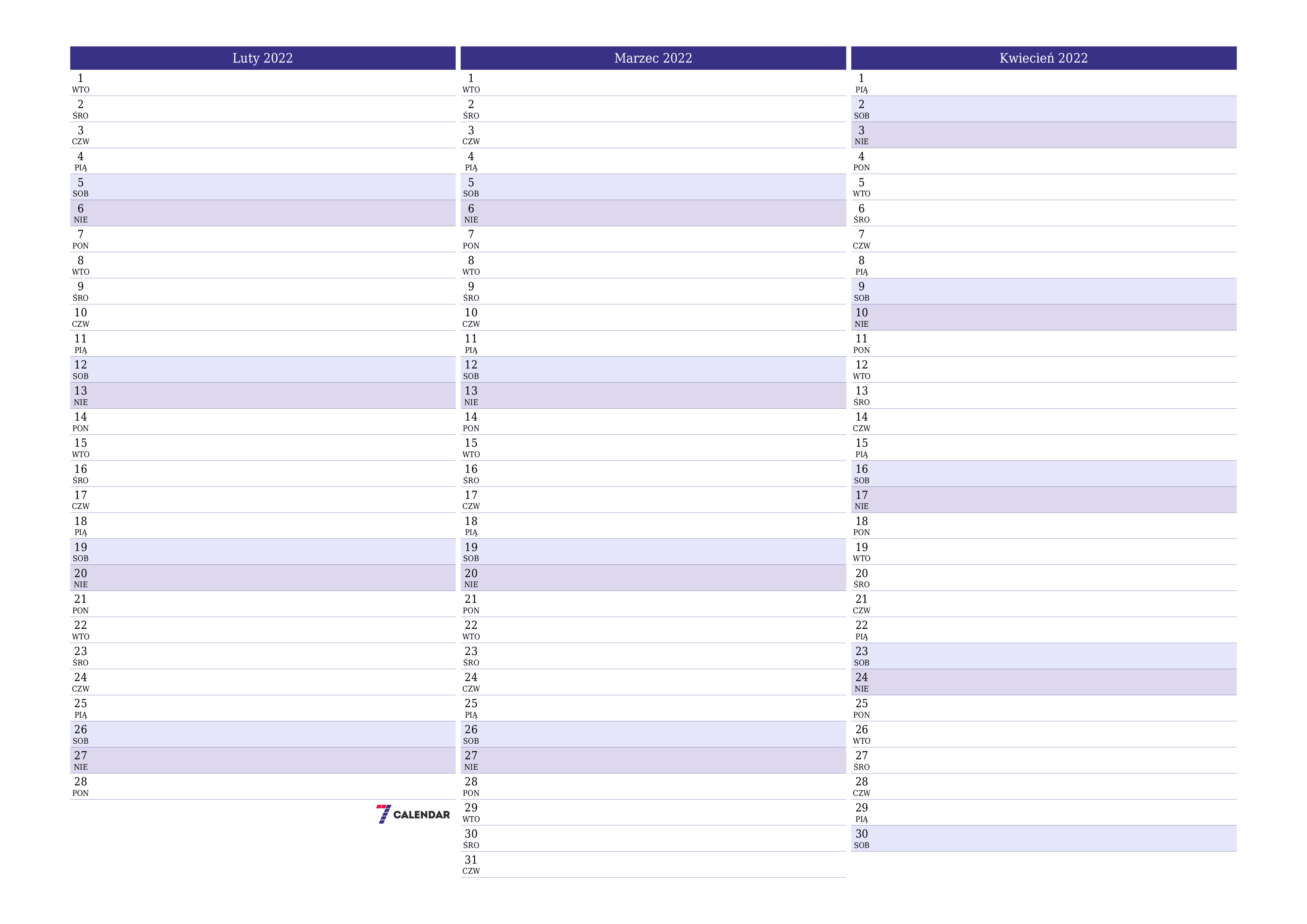 Opróżnij miesięczny planer na miesiąc Luty 2022 z notatkami, zapisz i wydrukuj w formacie PDF PNG Polish