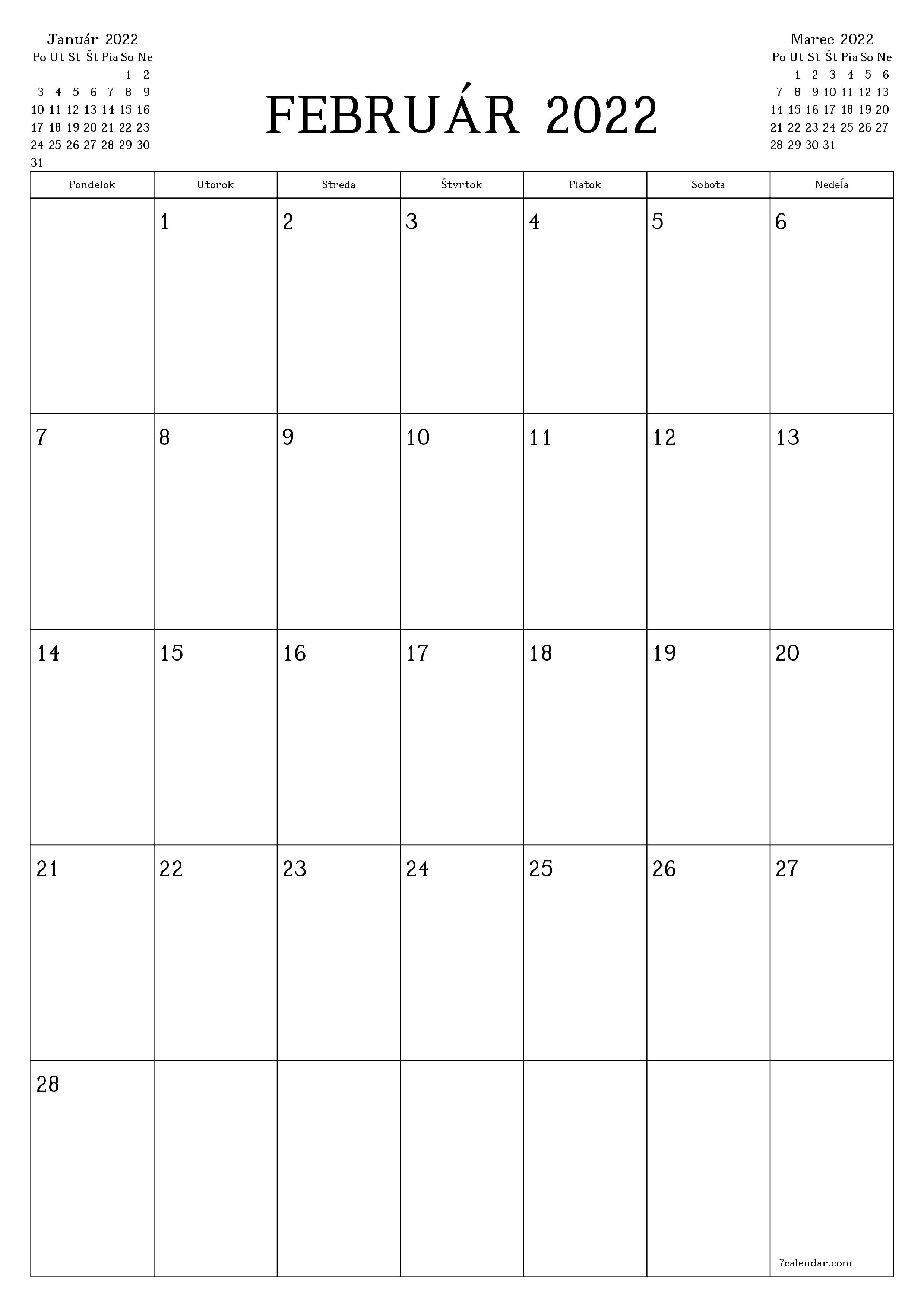 vytlačiteľný nástenný šablóna a bezplatný вертикальный Mesačne plánovač kalendár Február (Feb) 2022