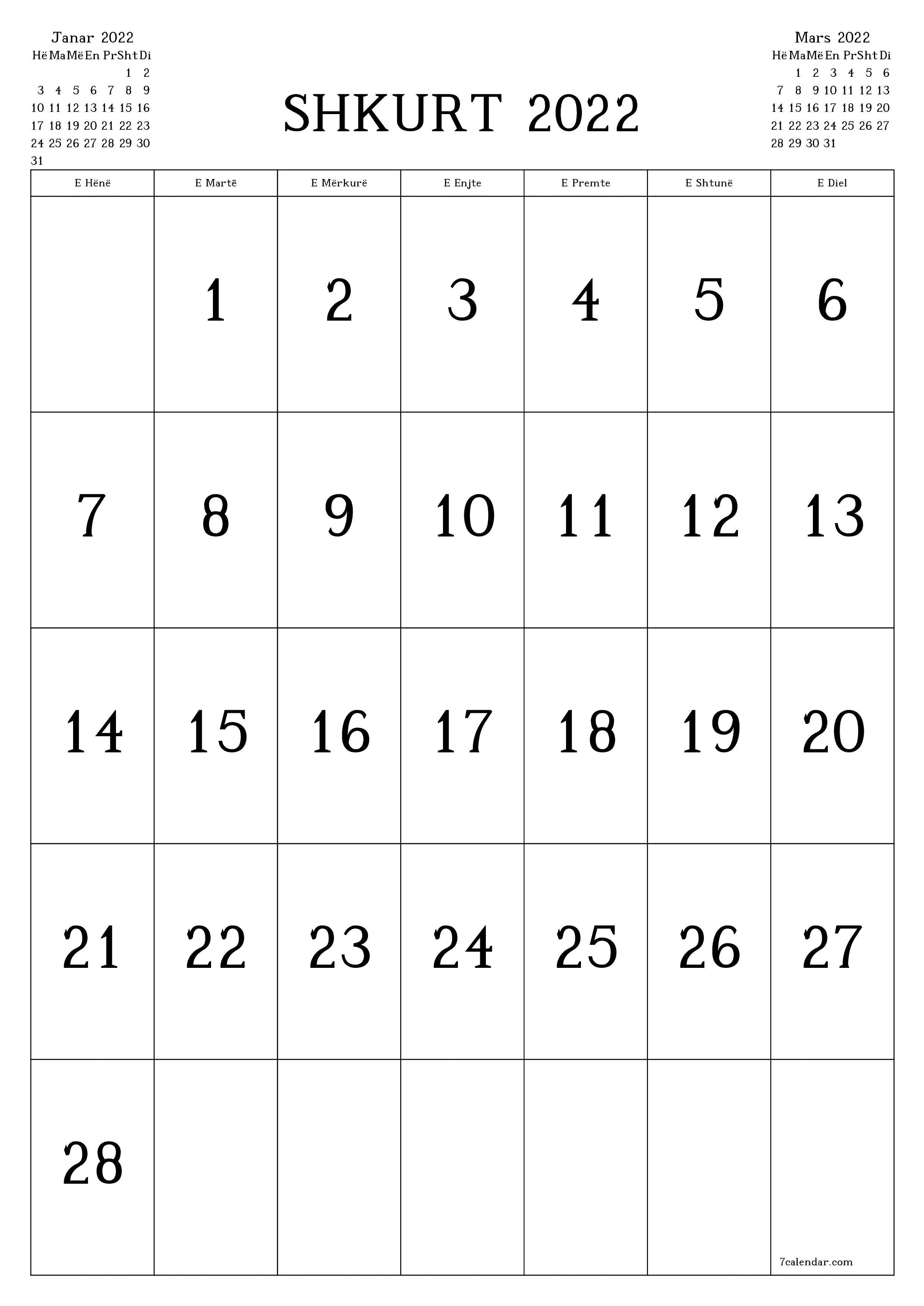 Planifikuesi i zbrazët i kalendarit mujor për muajin Shkurt 2022 me shënime të ruajtura dhe të printuara në PDF PNG Albanian - 7calendar.com
